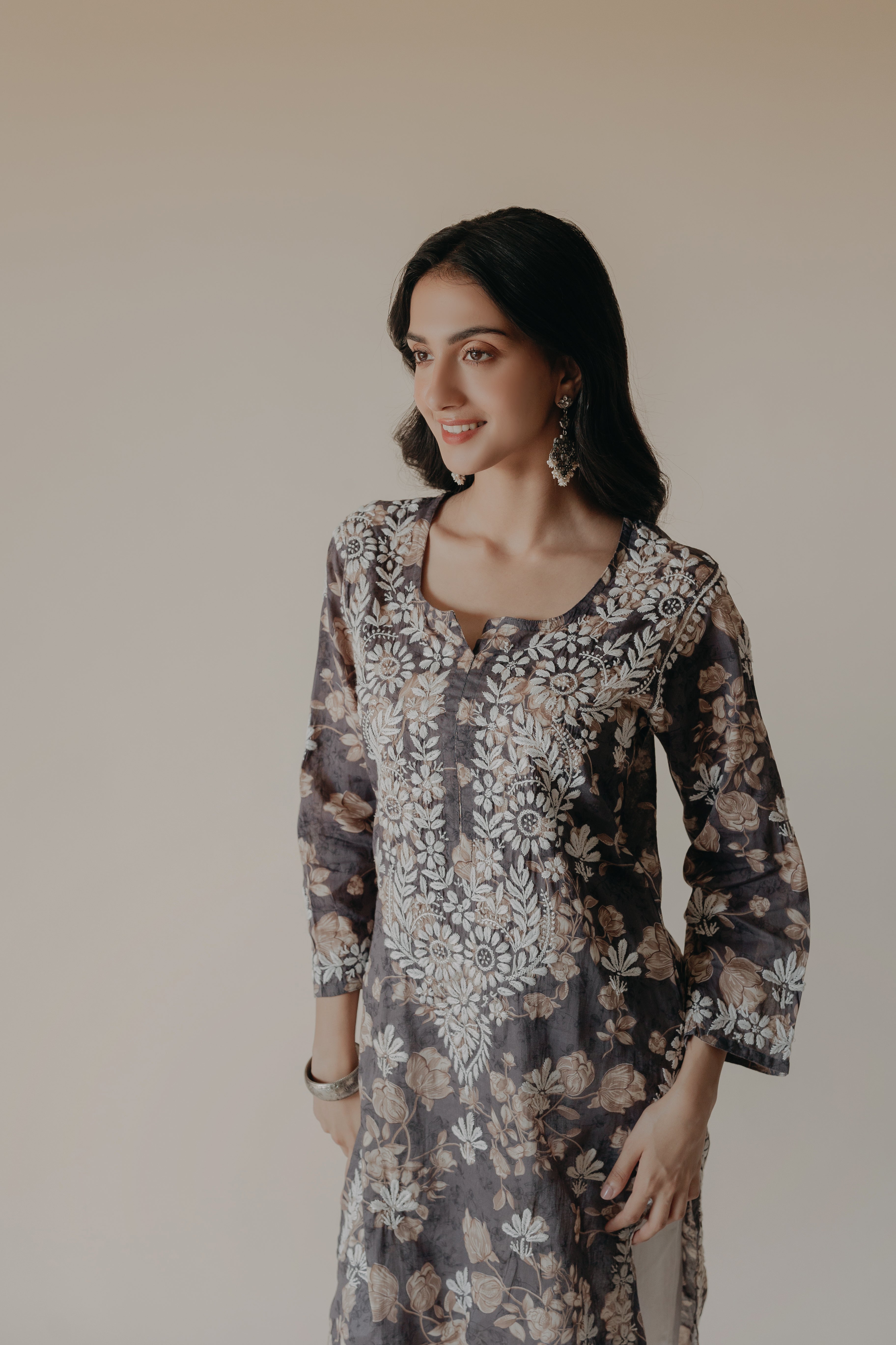 Ruhi Grey Mulmul Chikankari Printed Kurta