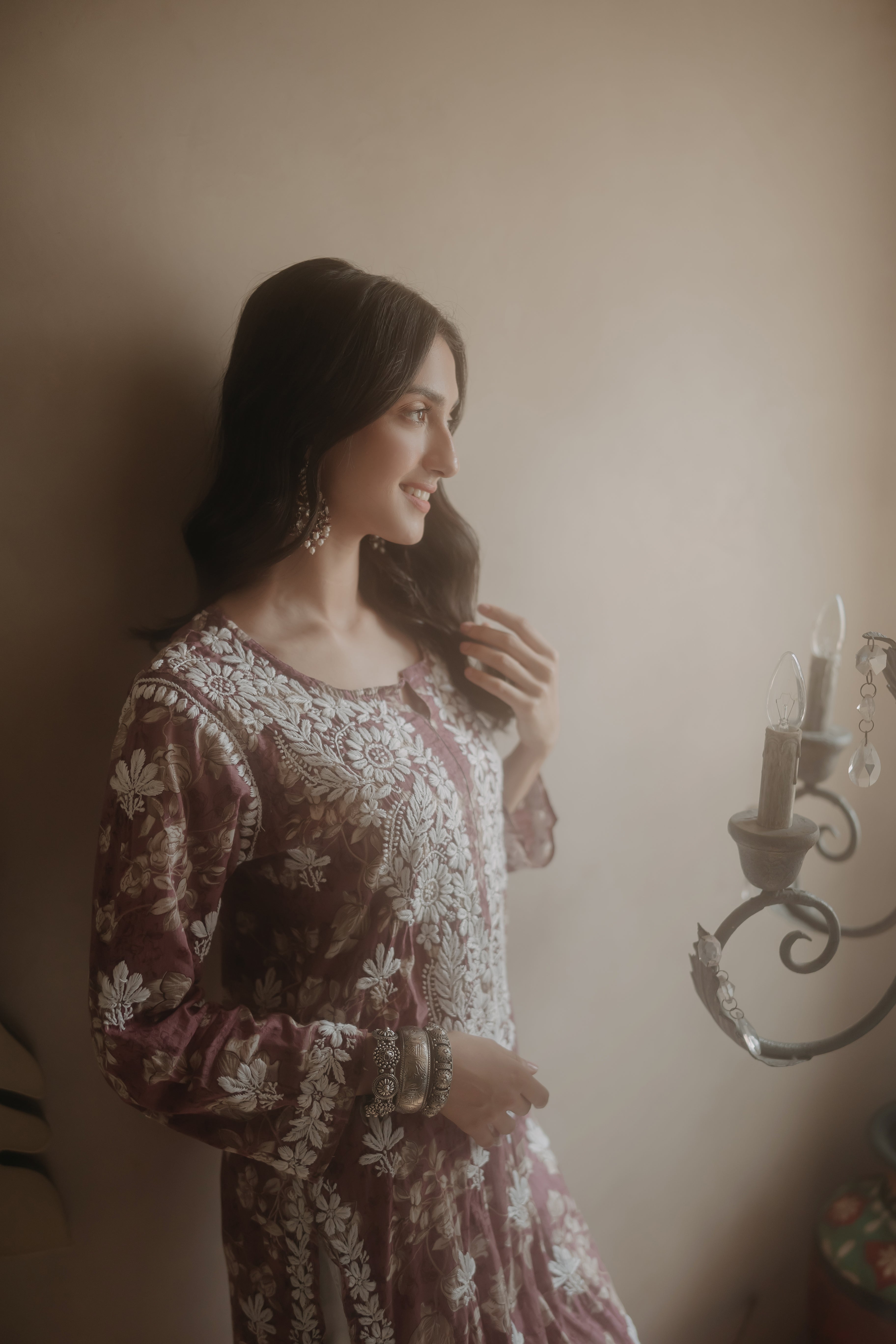 Alizeh Wine Mulmul Chikankari Printed Kurta