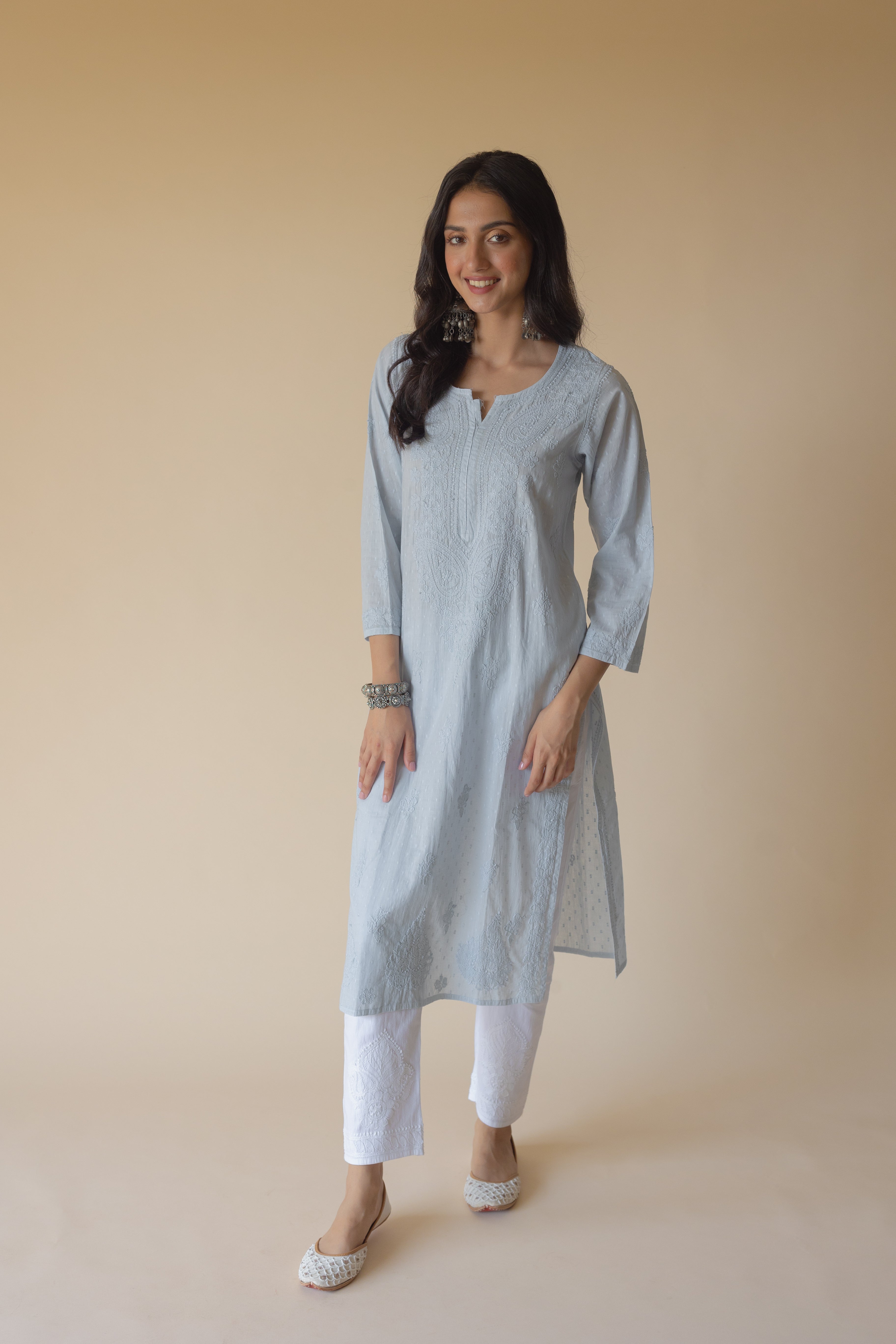 Nisha Blue Dobby Cotton Hand Embroidered Chikankari Kurta