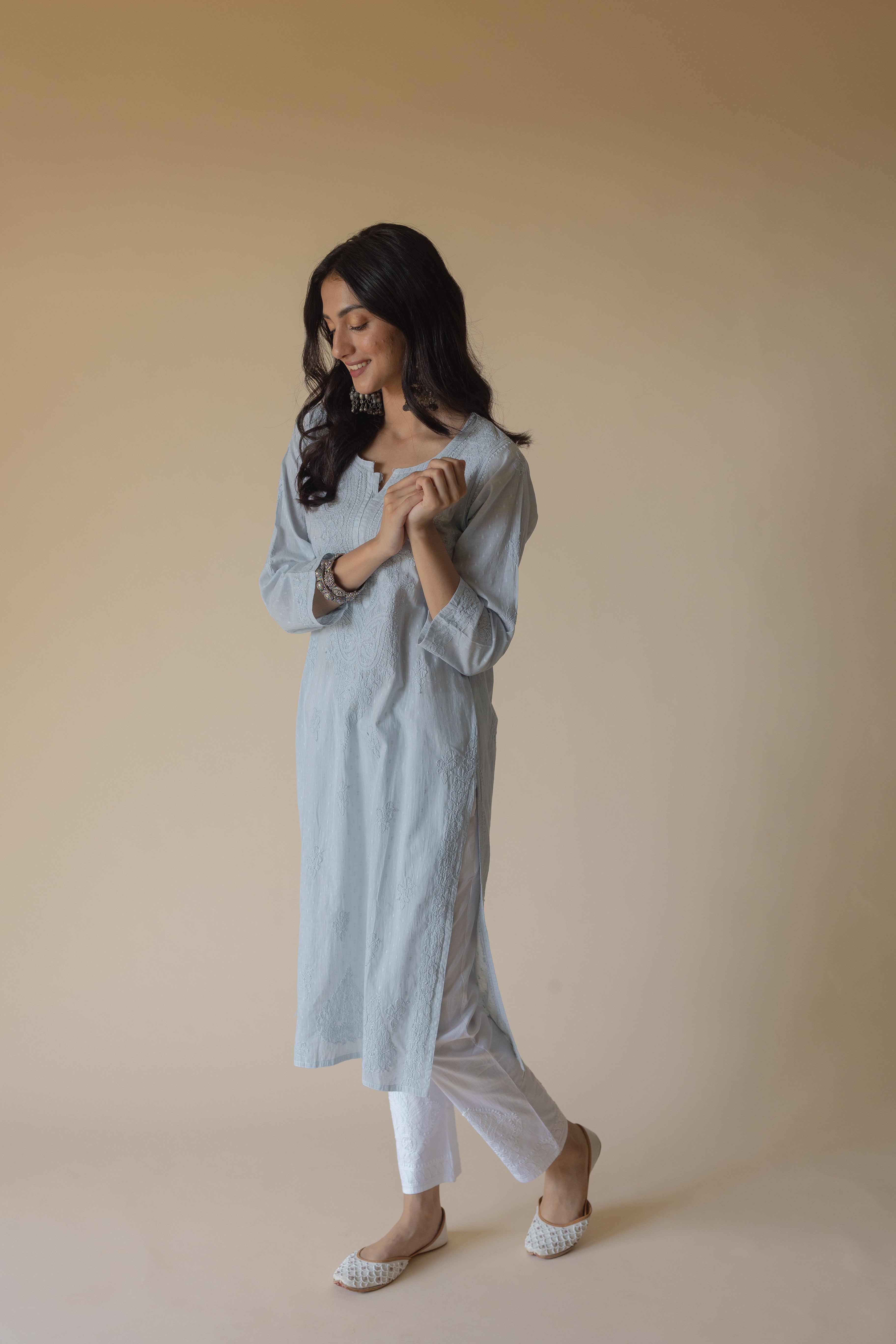 Nisha Blue Dobby Cotton Hand Embroidered Chikankari Kurta