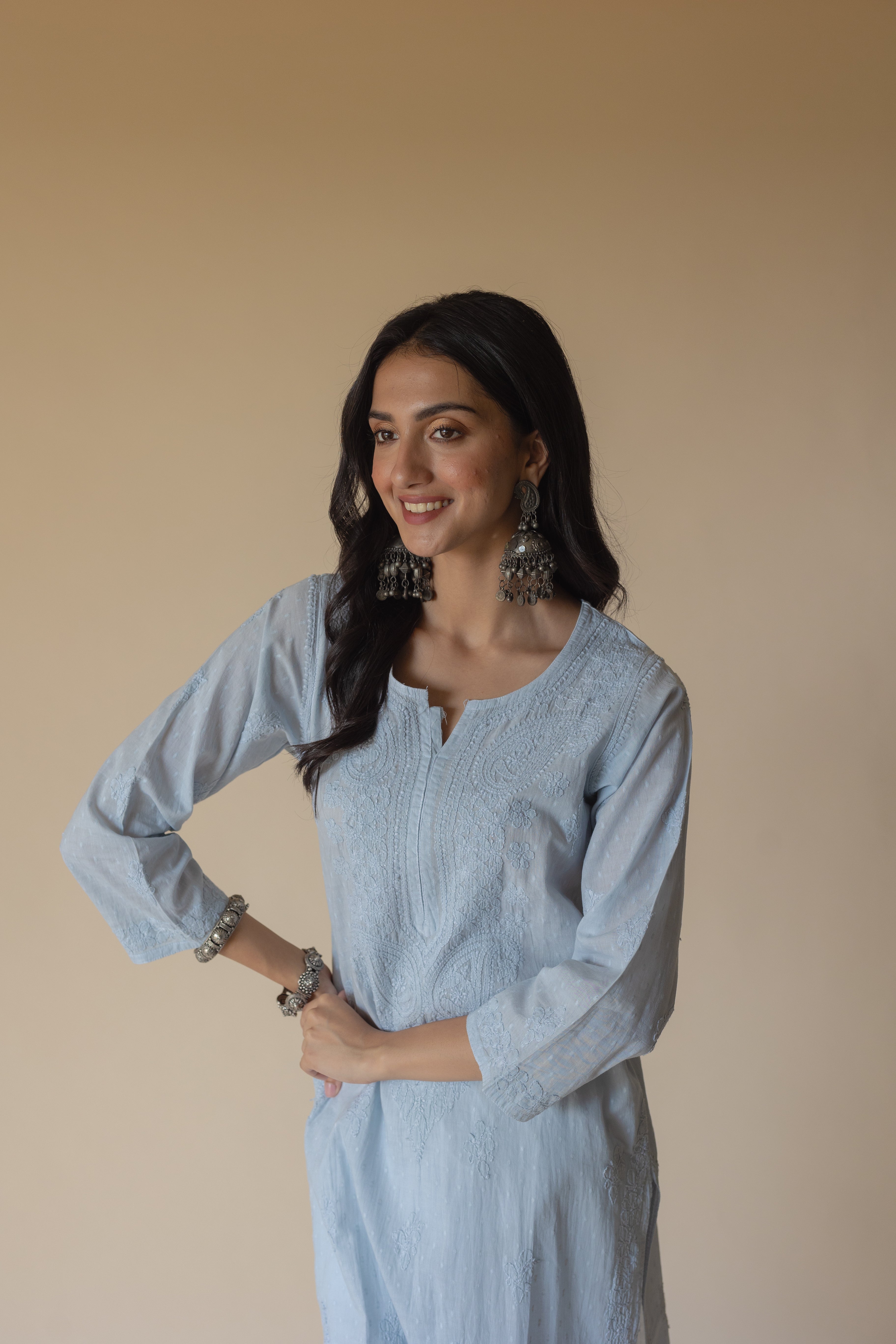 Nisha Blue Dobby Cotton Hand Embroidered Chikankari Kurta