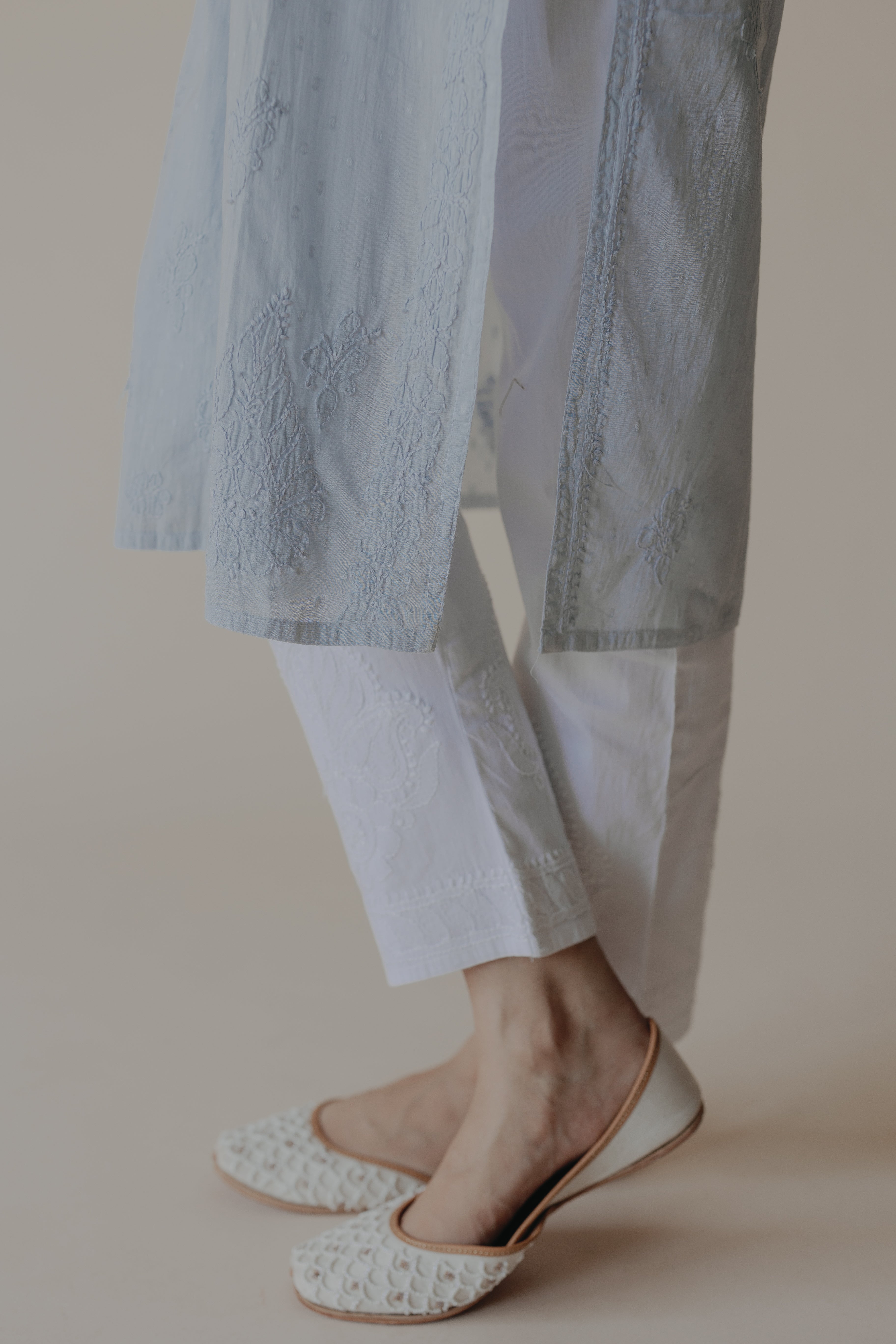 Sukoon White Cotton Lycra Hand Embroidered Chikankari Straight Pant