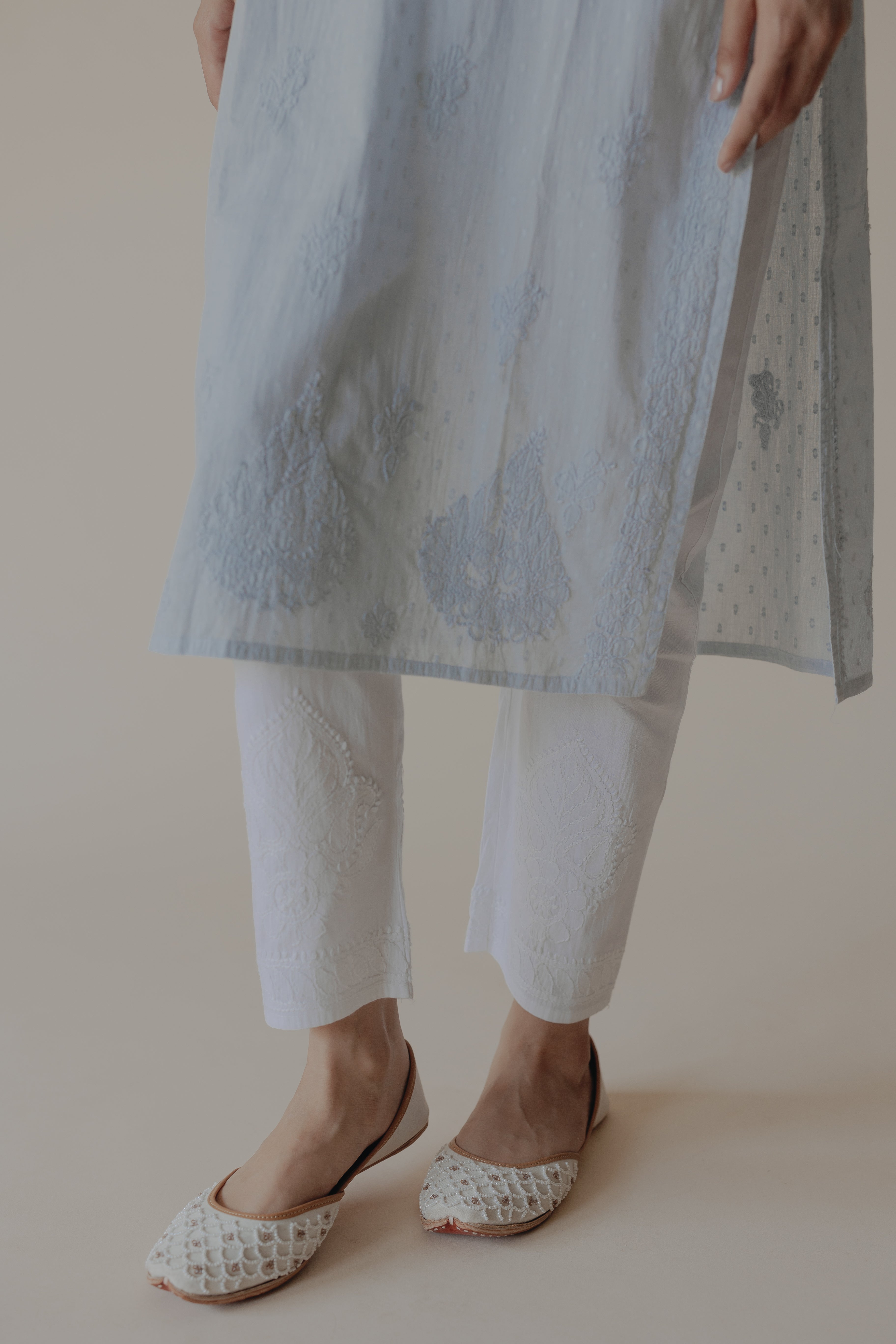Sukoon White Cotton Lycra Hand Embroidered Chikankari Straight Pant