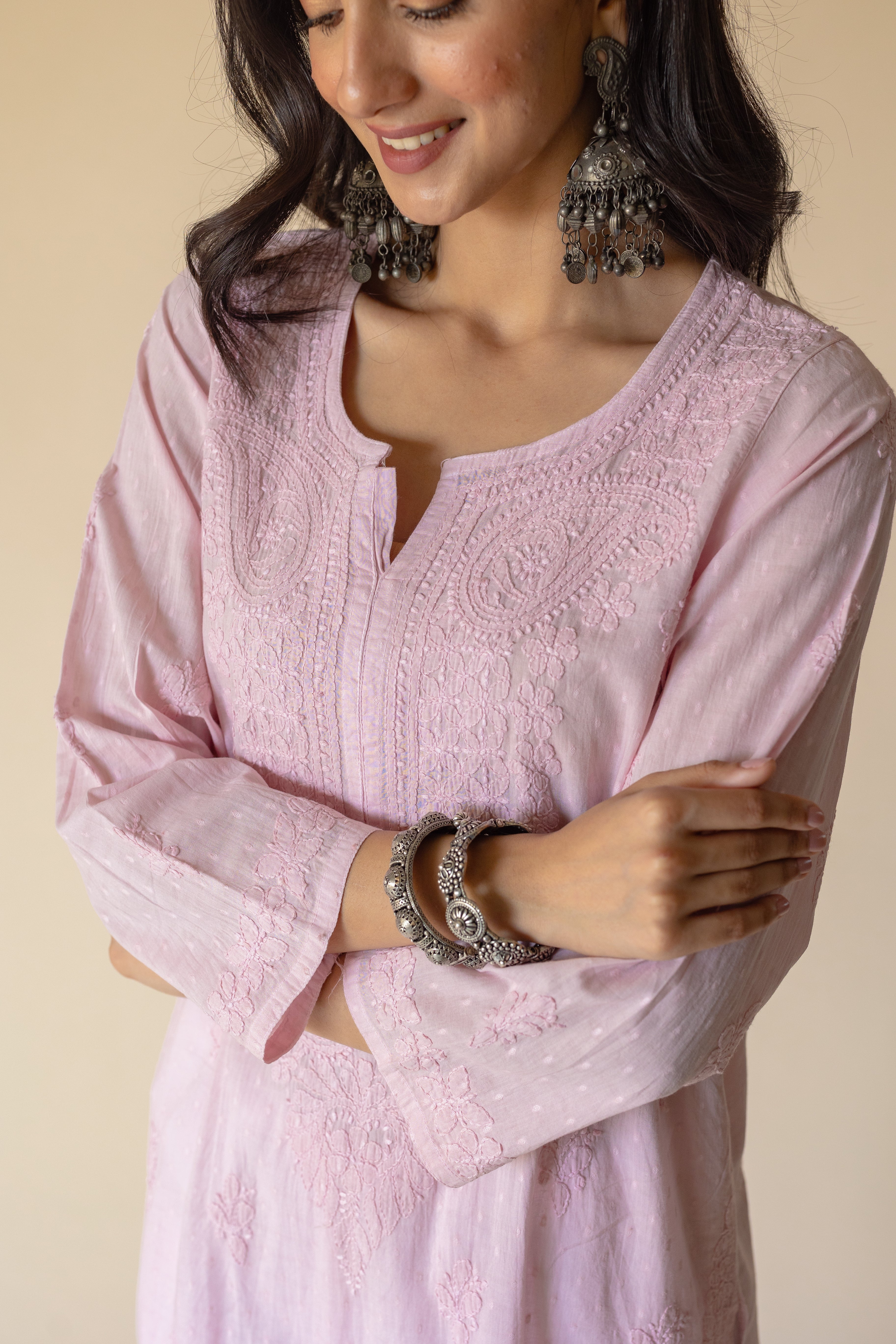 Gazala Pink Dobby Cotton Hand Embroidered Chikankari Kurta