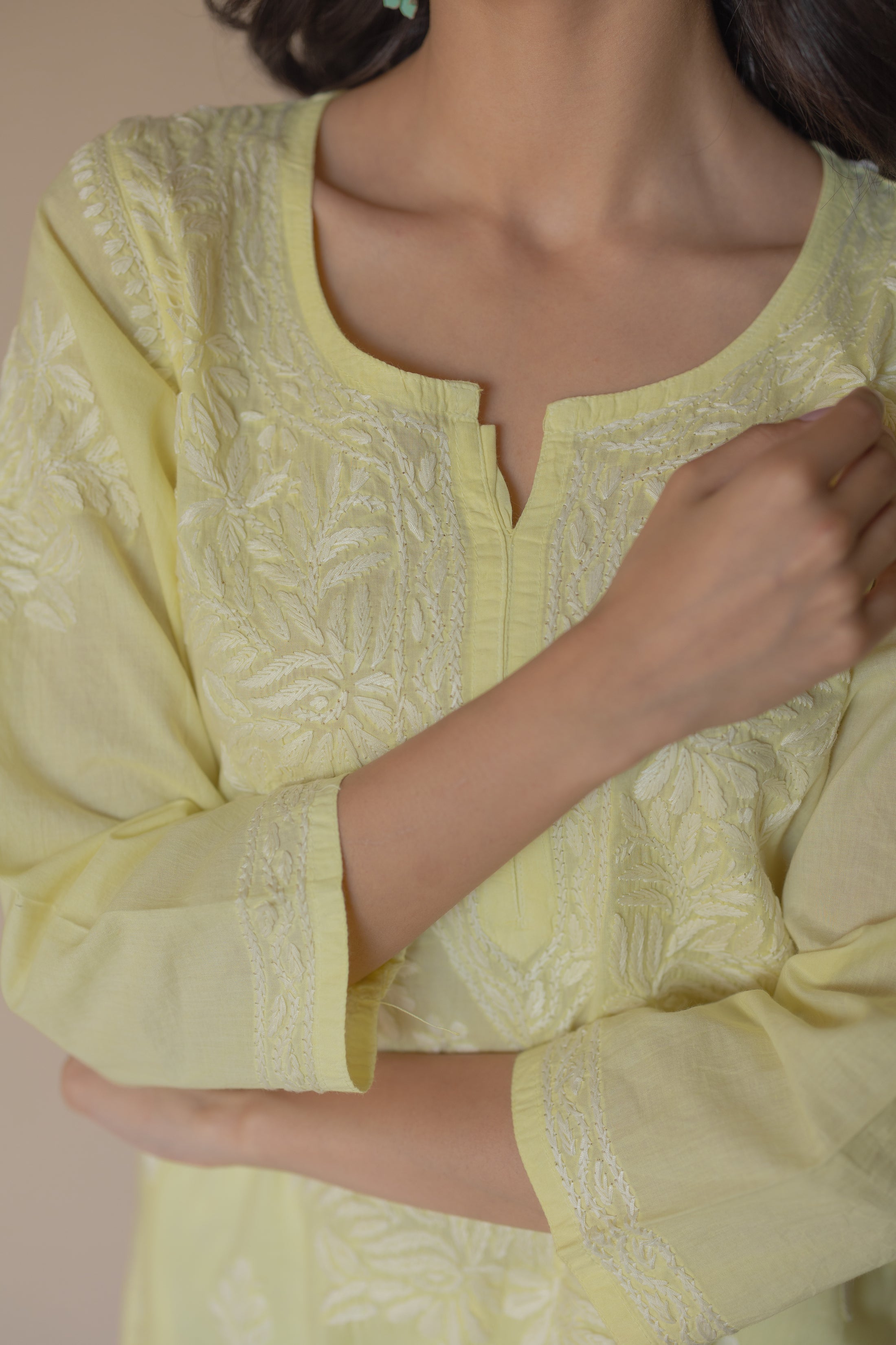 Yellow - Chikankari Hand Embroidery Cotton Double Bedcover with Pillow Covers (102 x 85 in) main image 1