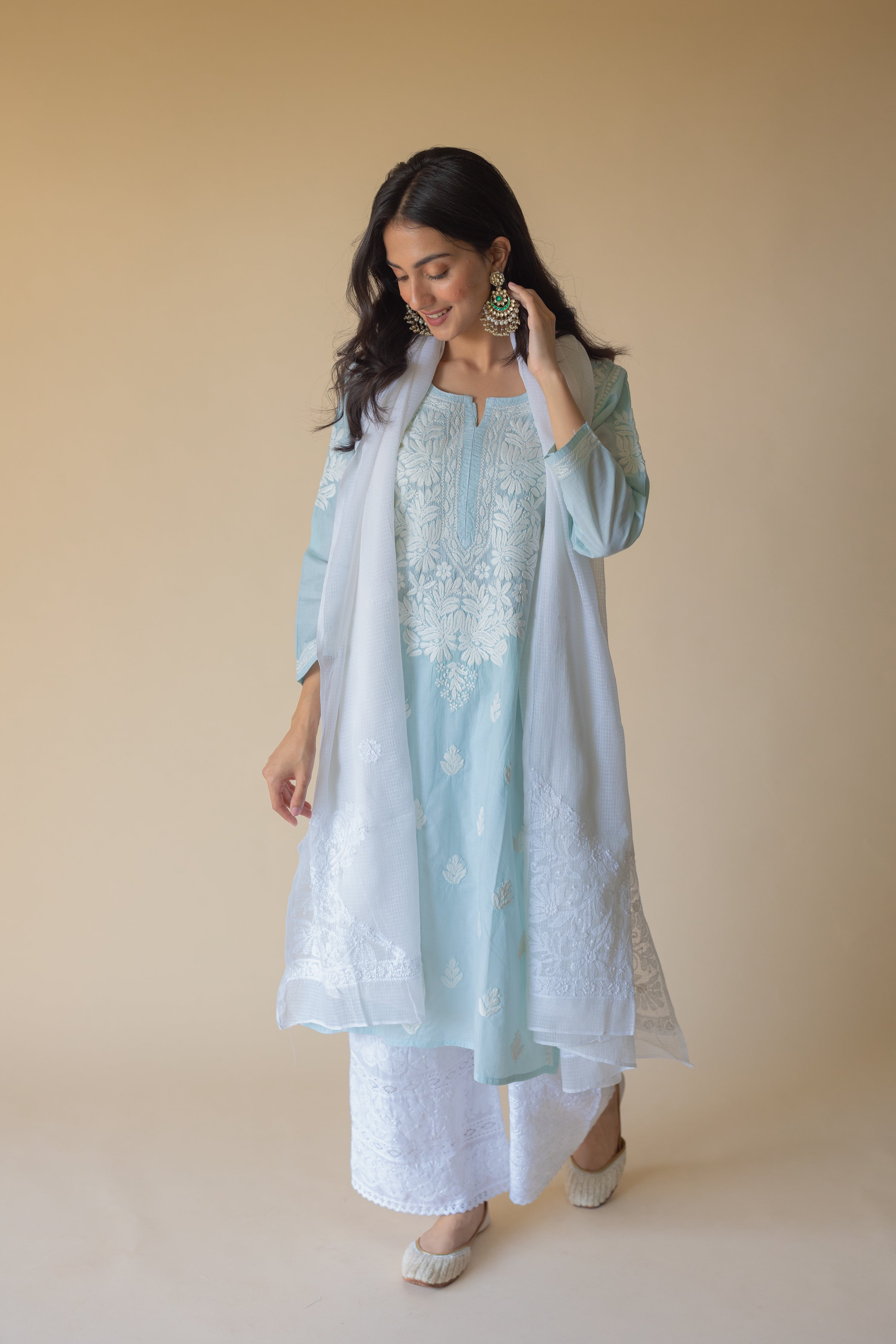 Thread Embroidered Chikankari Kurta Set with Scalloped Dupatta & Schiffli Laces