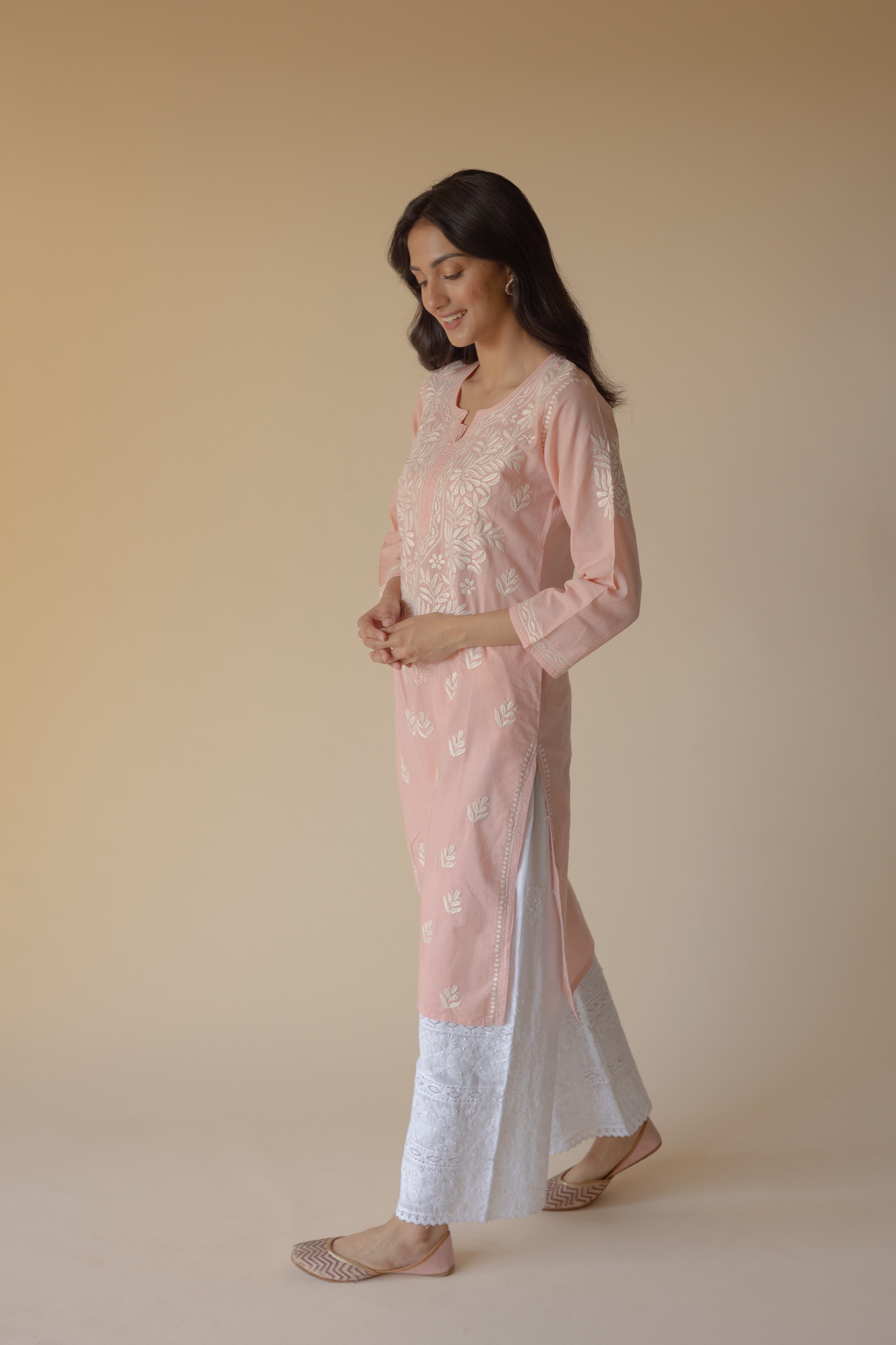 Peach - Hand Embroidered Rayon Chikankari Kurta with Pant Set 01