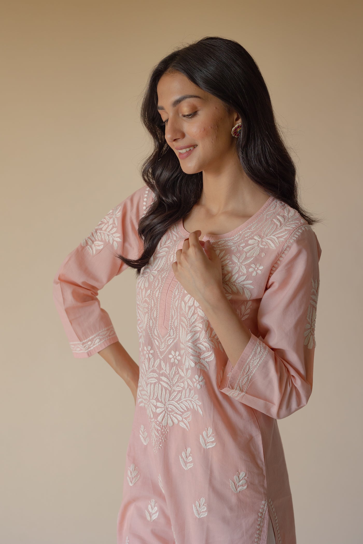 Women Cream Cotton Hand Embroidered & Chikankari Kurta with Pant & Floral Printed Dupatta