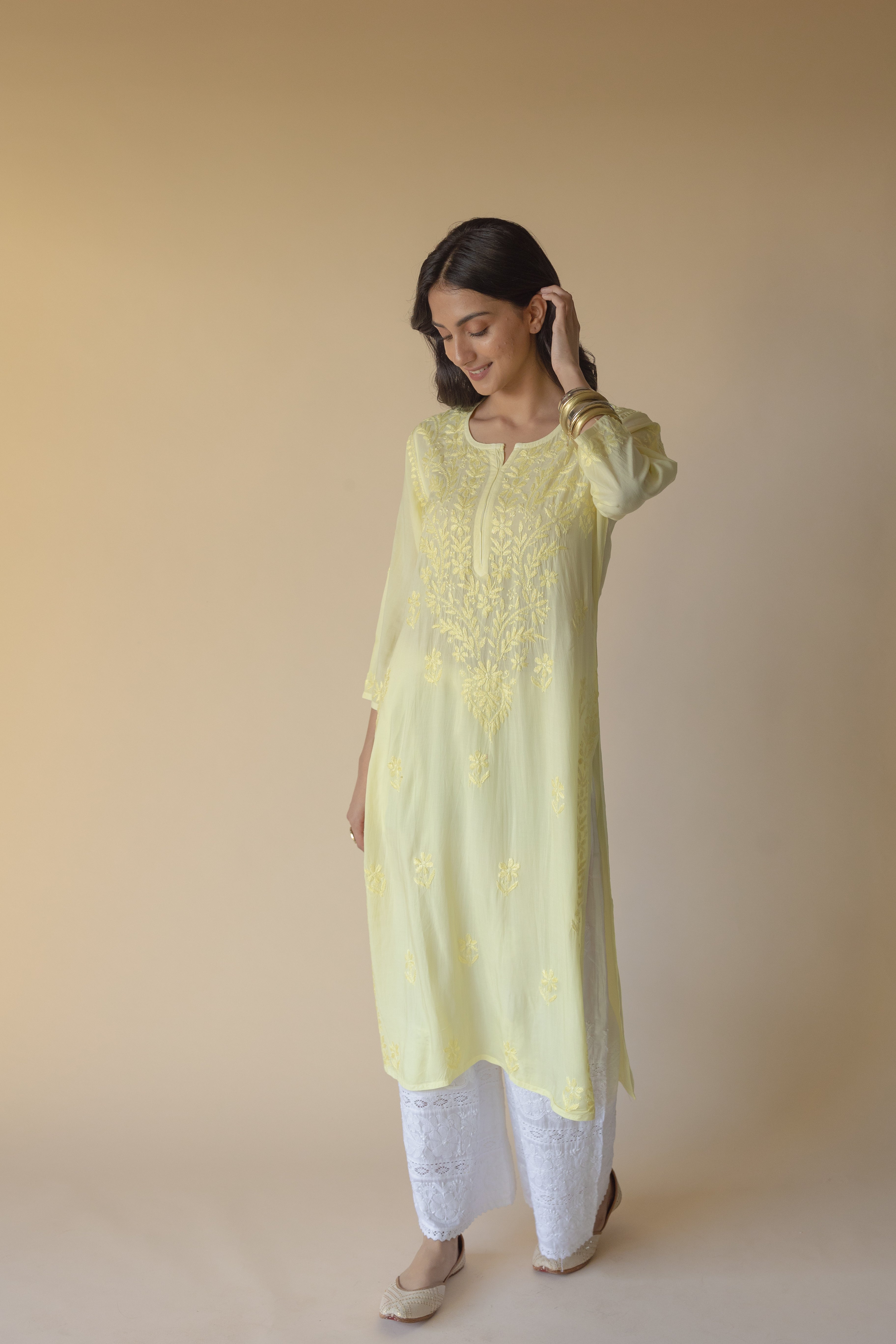 Samreen Yellow Modal Hand Embroidered Chikankari Kurta