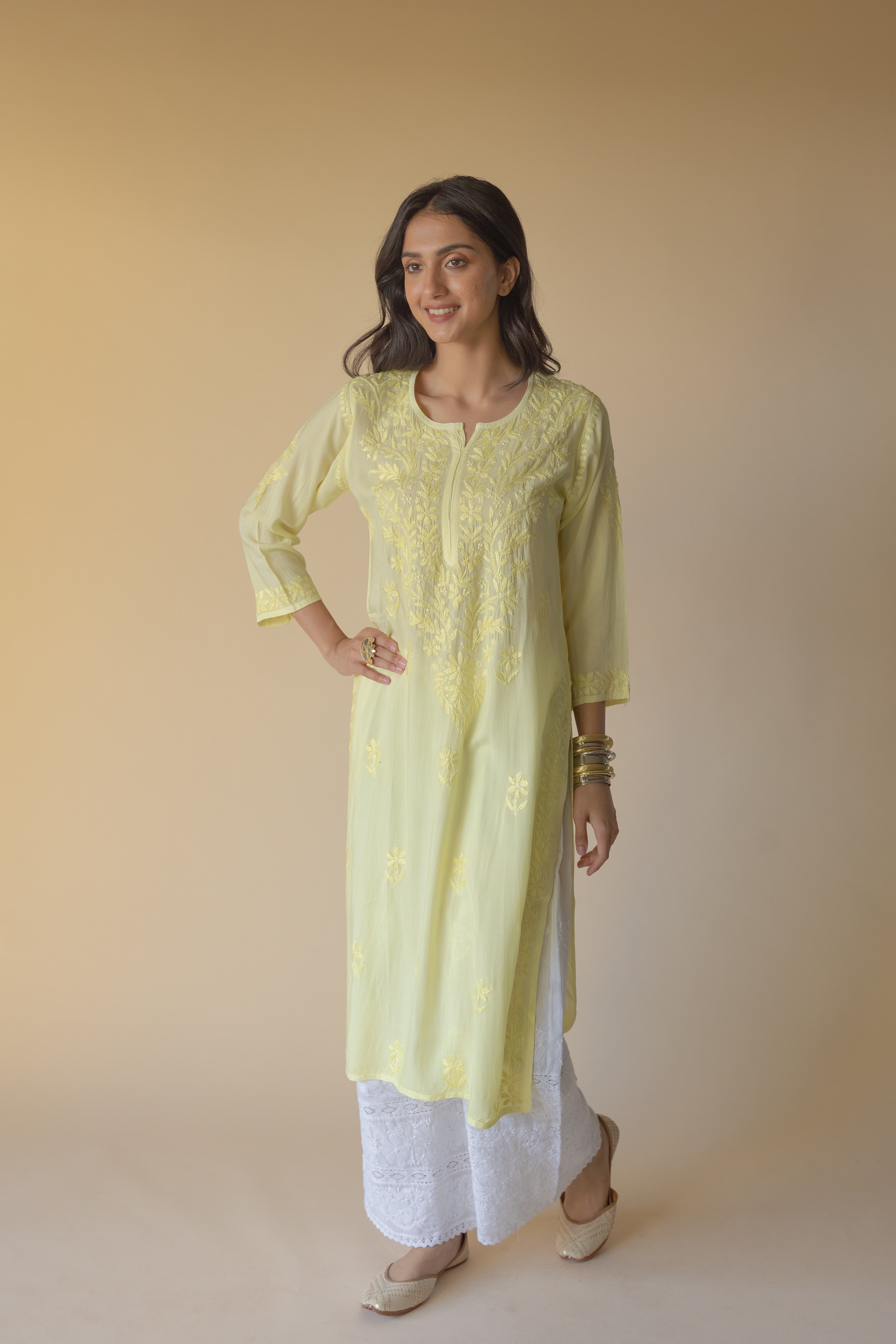 Samreen Yellow Modal Hand Embroidered Chikankari Kurta