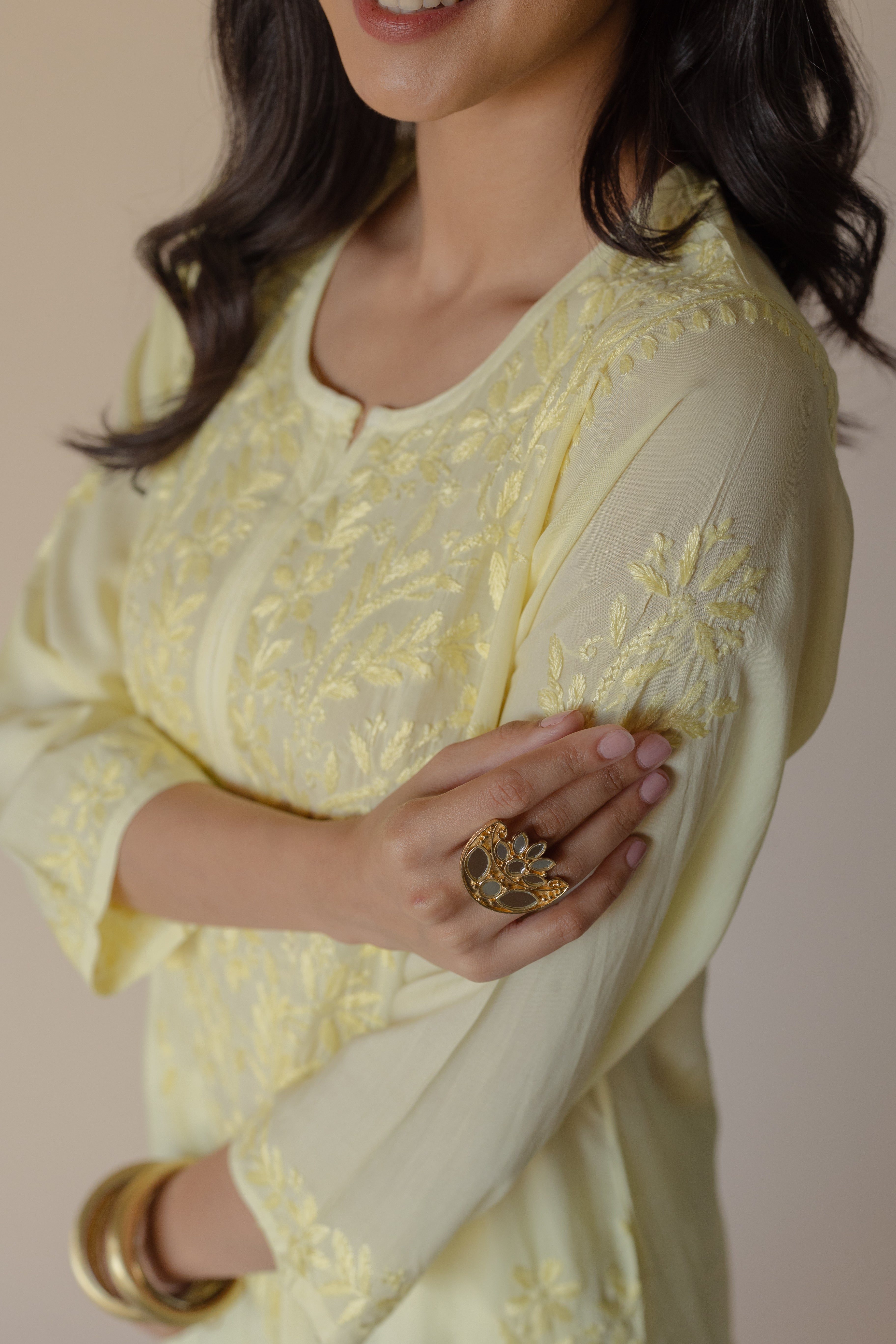 Samreen Yellow Modal Hand Embroidered Chikankari Kurta