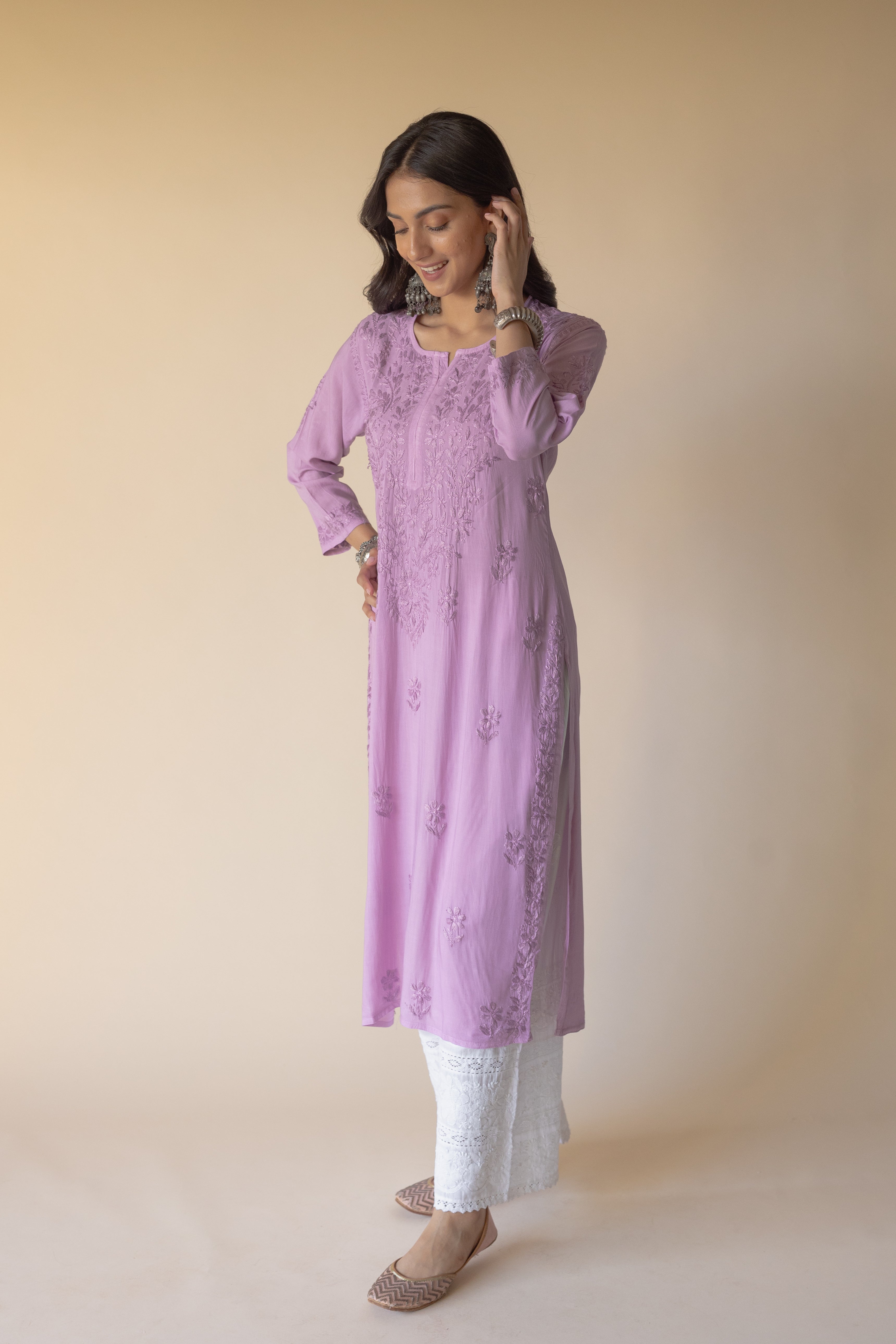 Erum Purple Modal Hand Embroidered Chikankari Kurta
