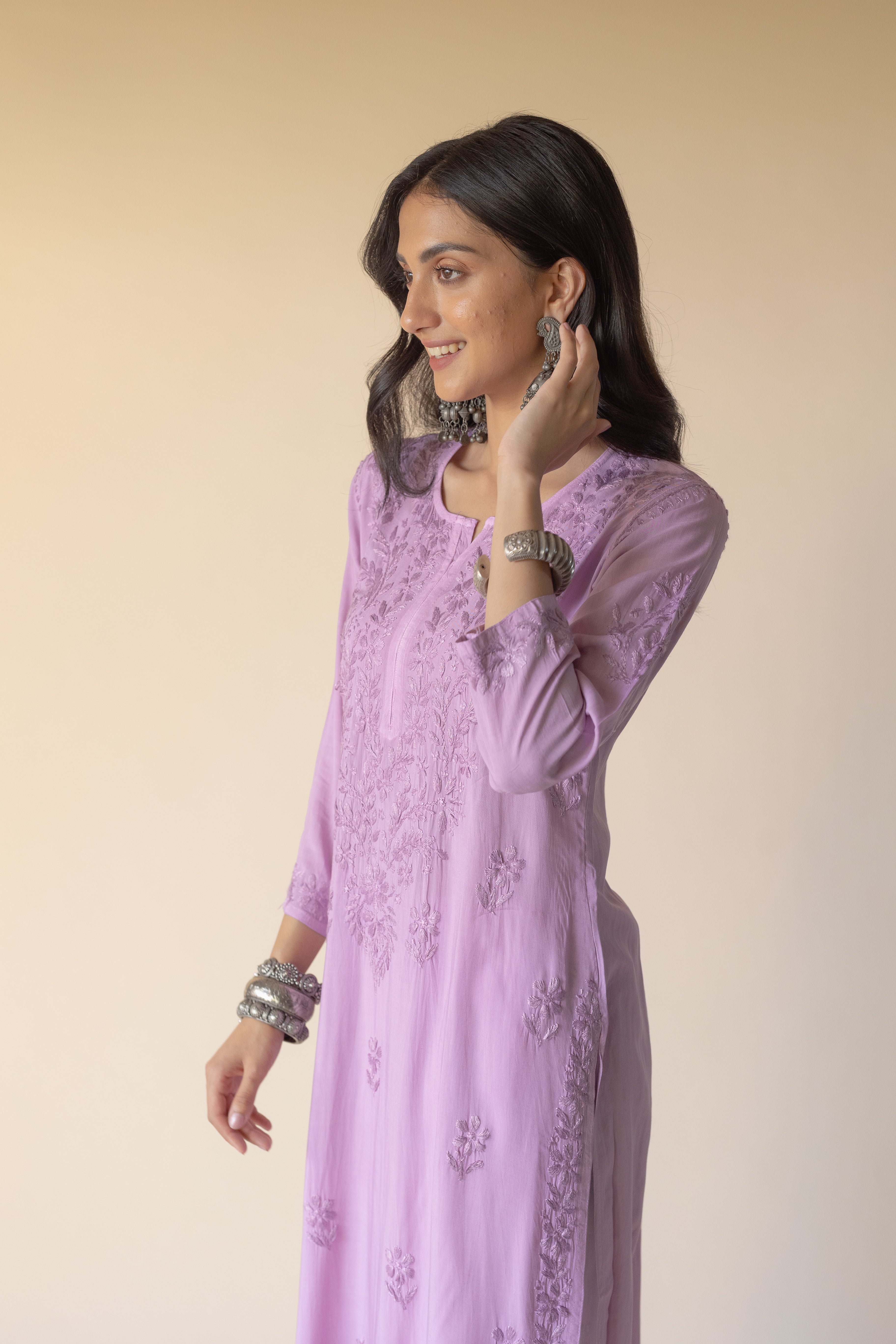 Erum Purple Modal Hand Embroidered Chikankari Kurta