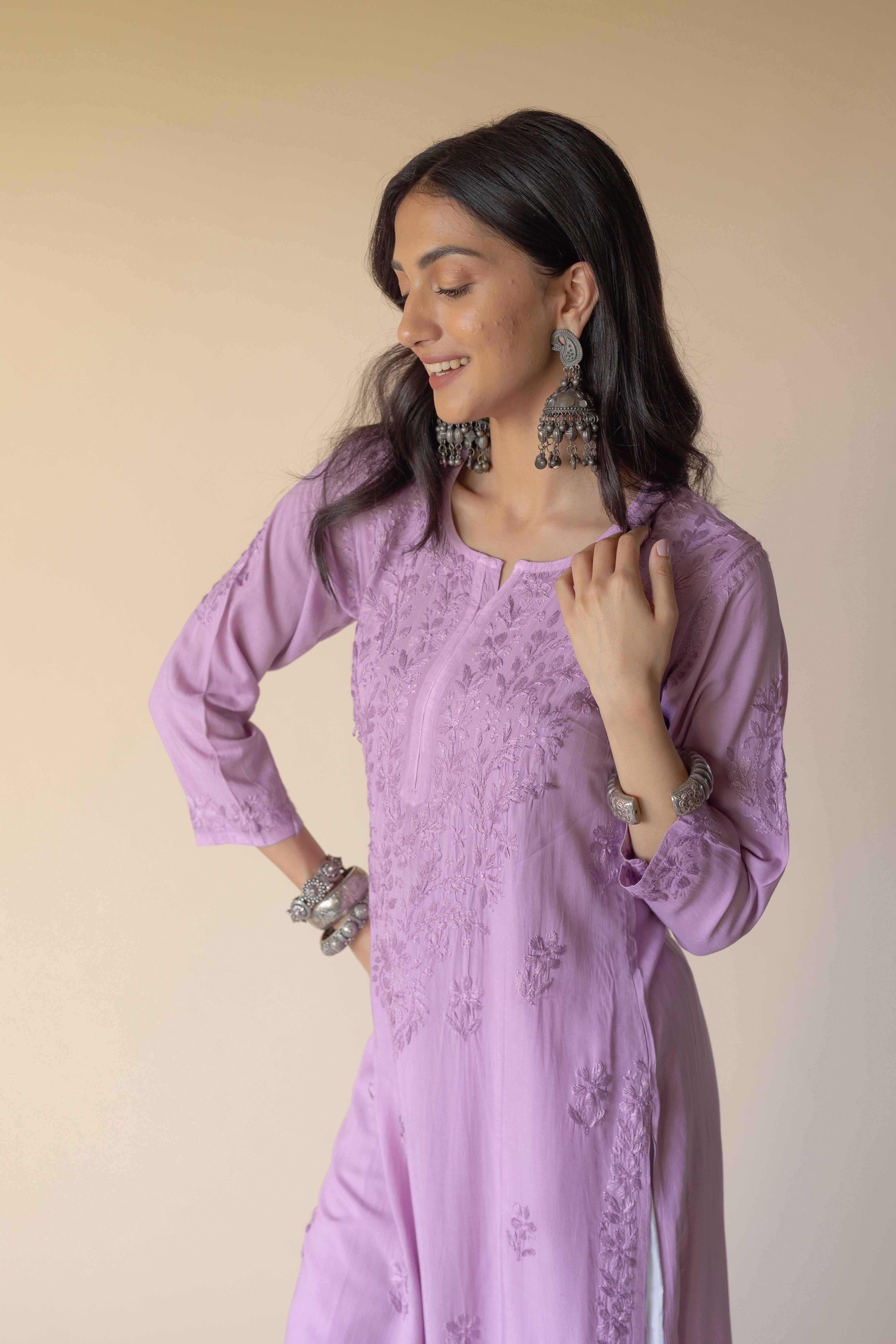 Erum Purple Modal Hand Embroidered Chikankari Kurta