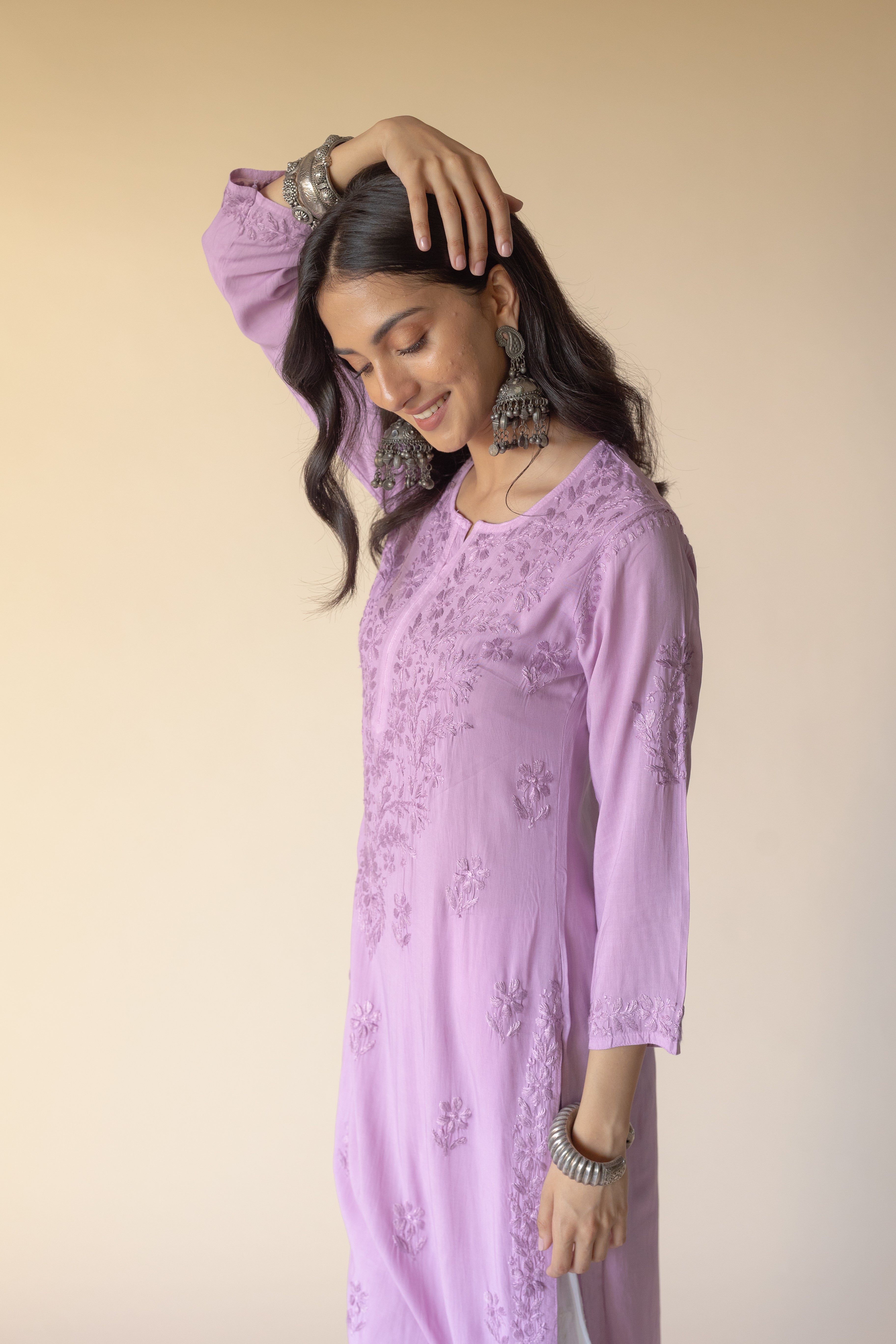 Erum Purple Modal Hand Embroidered Chikankari Kurta