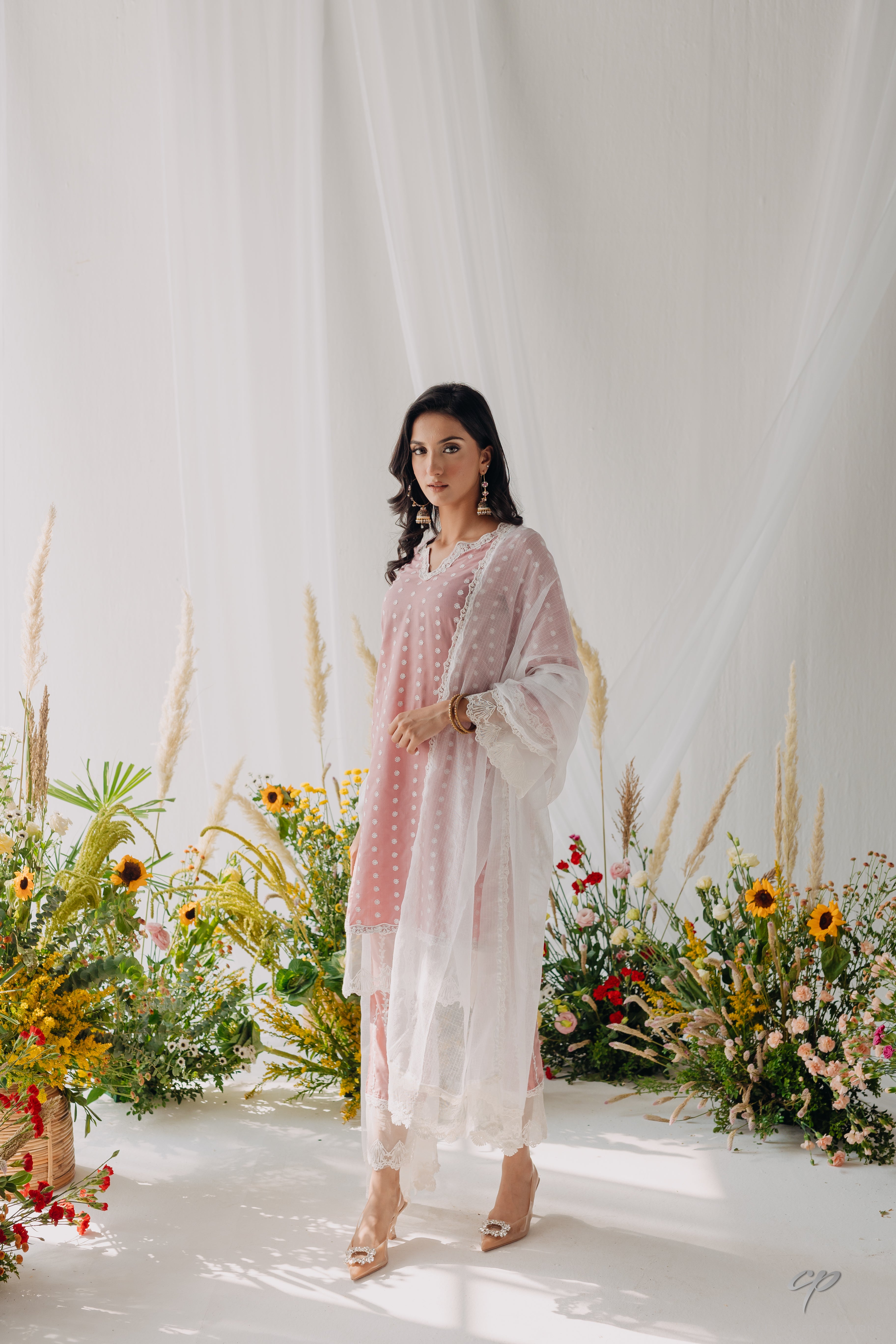Sara Pink Embroidered Mulmul Kurta, Pant & Dupatta Set