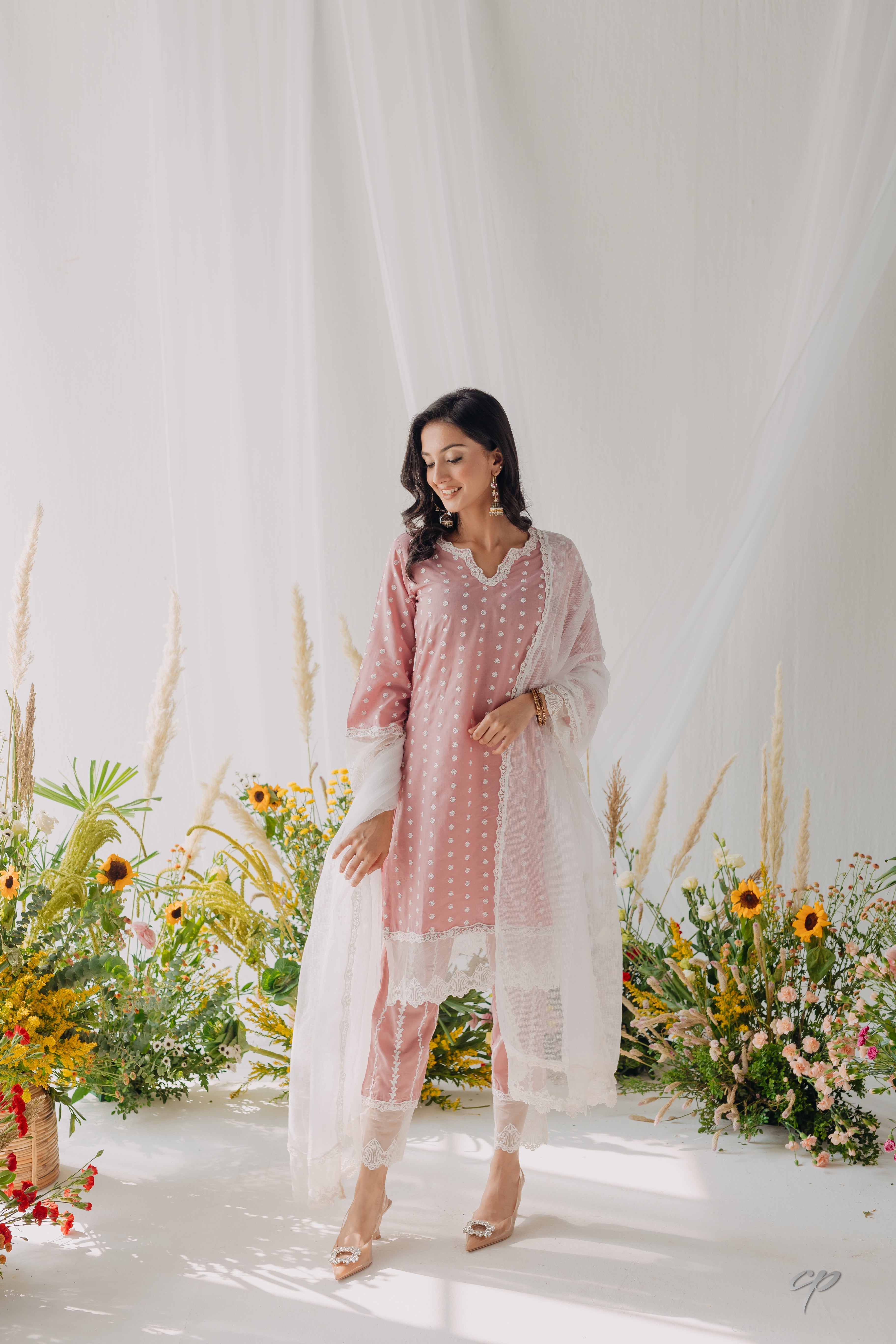 Sara Pink Embroidered Mulmul Kurta & Pant Set