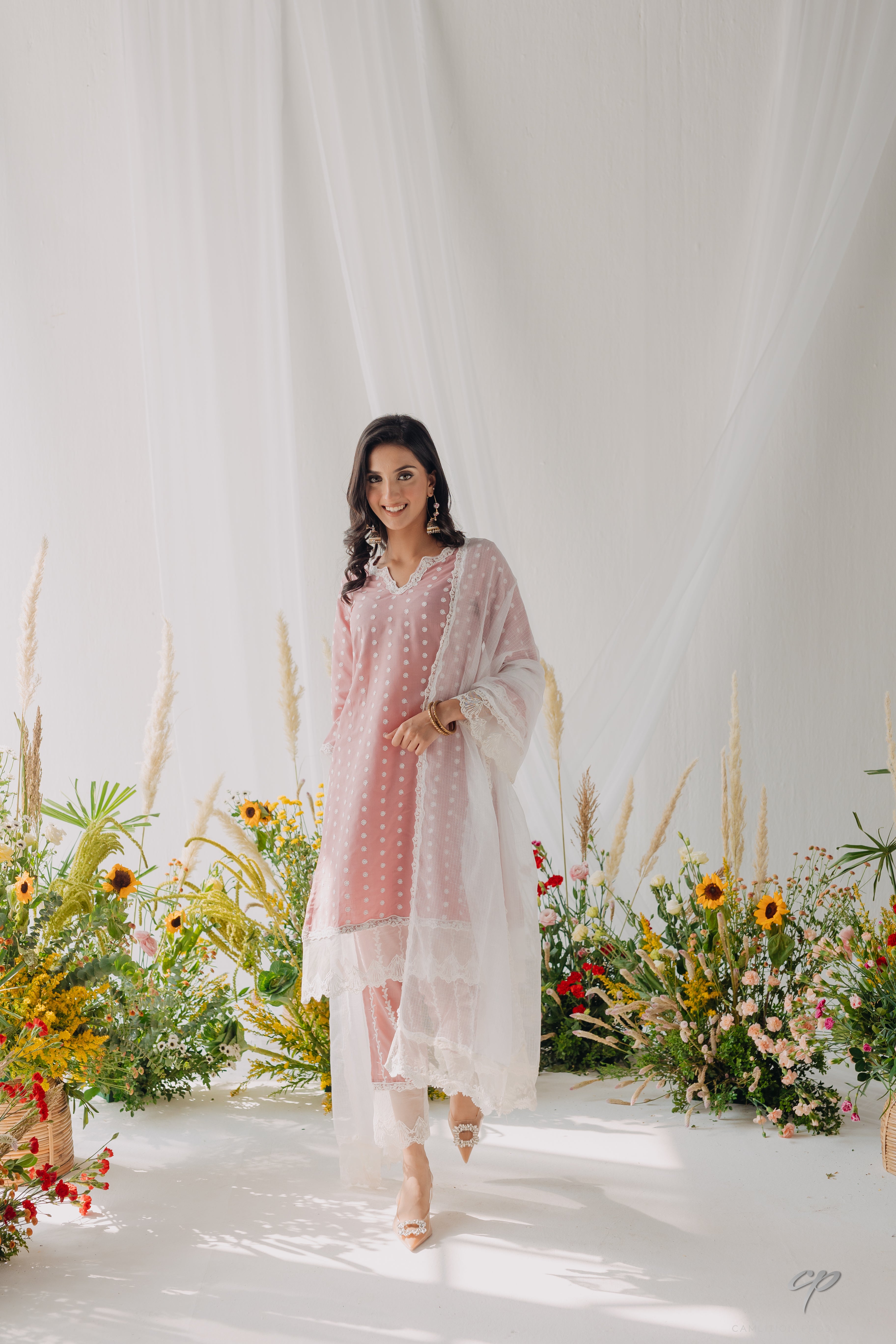 Sara Pink Embroidered Mulmul Kurta, Pant & Dupatta Set