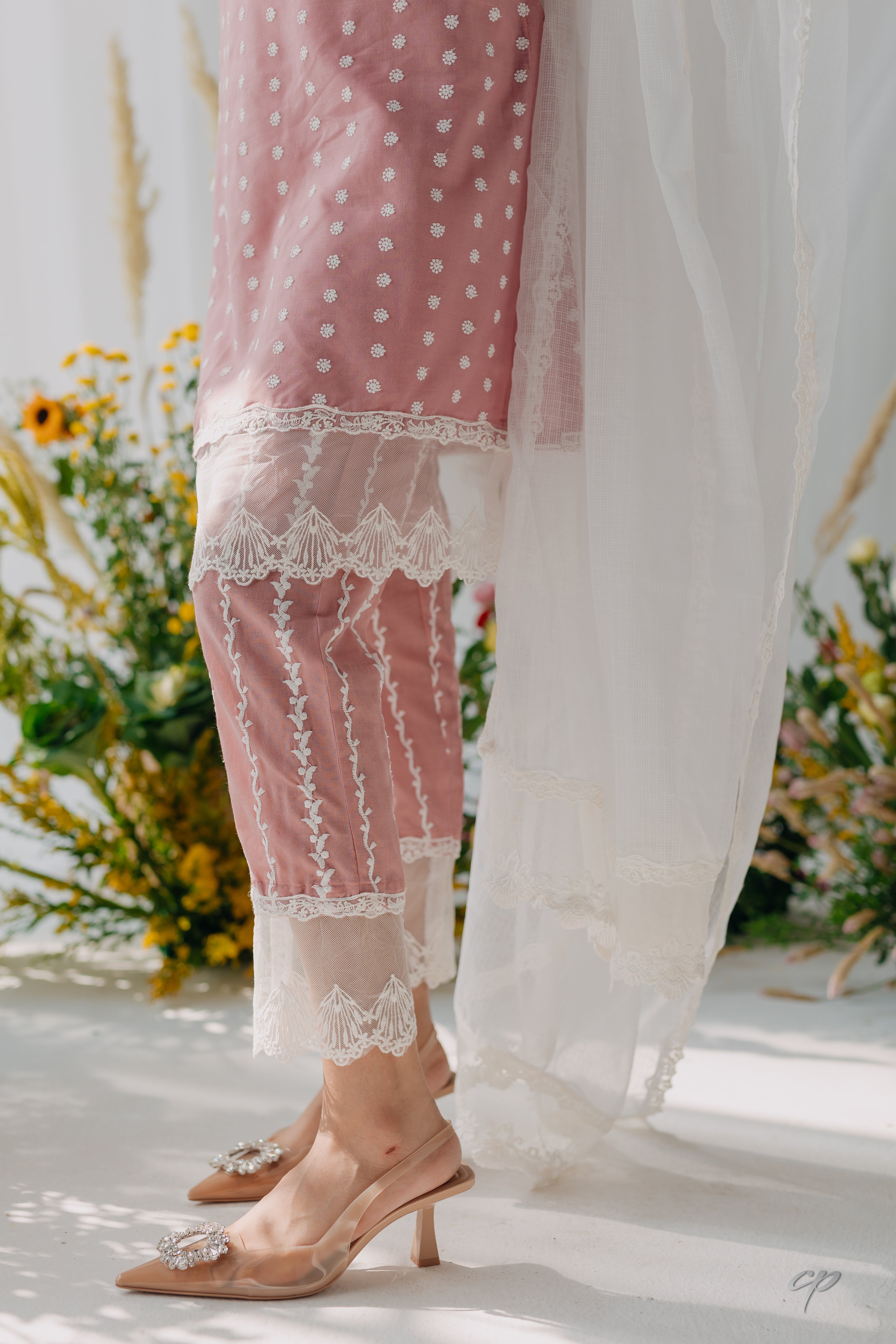 Sara Pink Embroidered Mulmul Kurta, Pant & Dupatta Set
