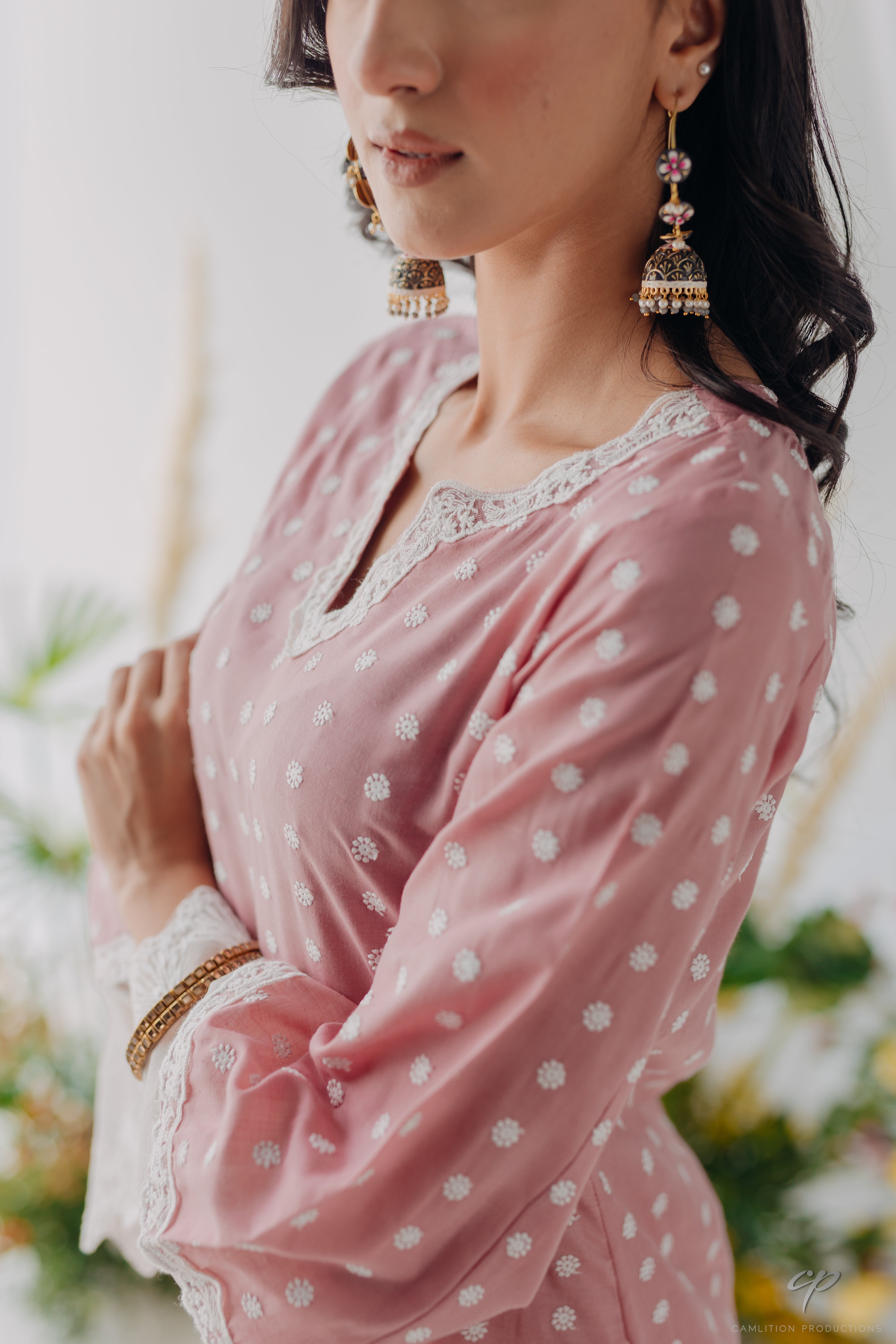 Sara Pink Embroidered Mulmul Kurta & Pant Set