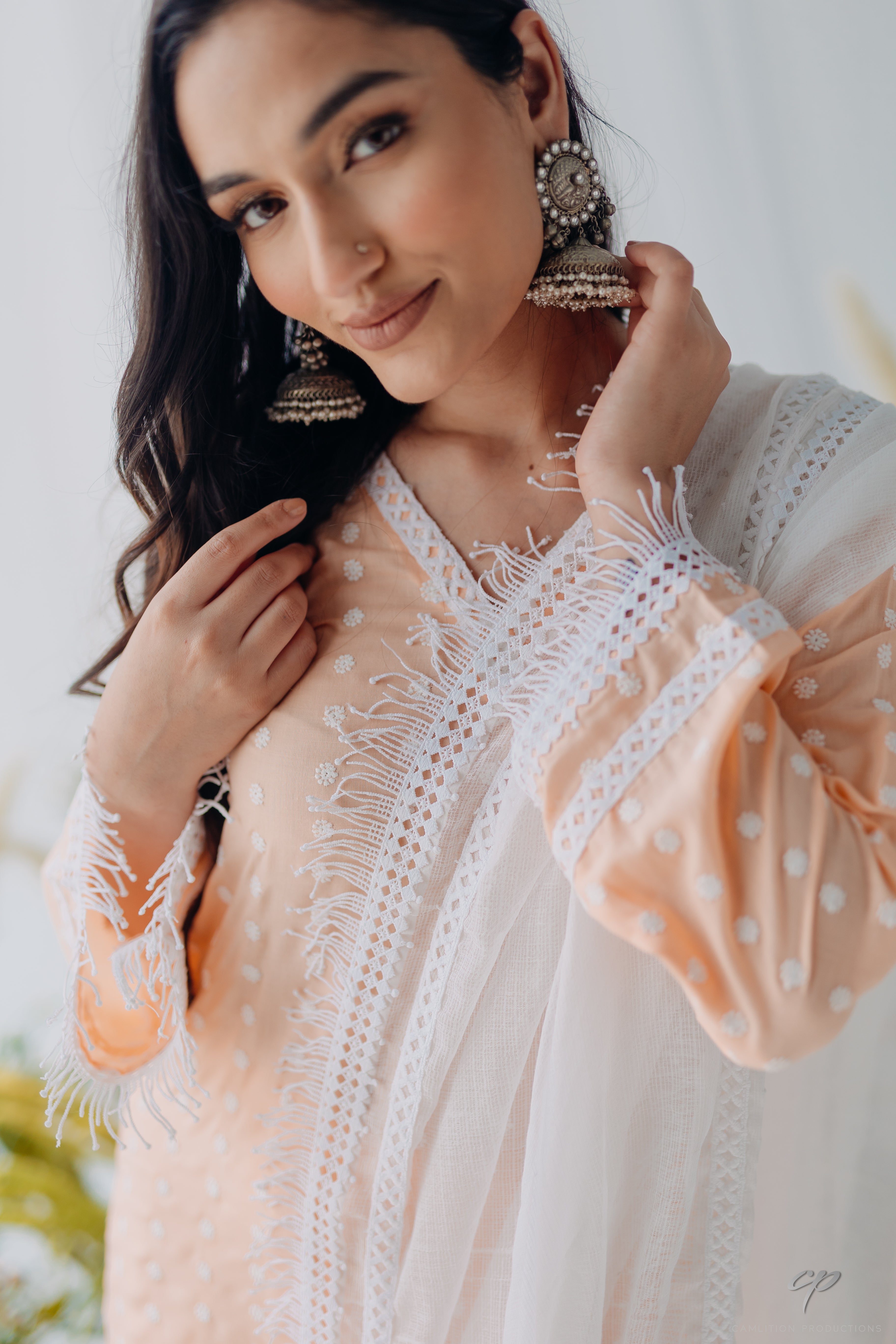 Sadia Peach Embroidered Mulmul Kurta & Pant Set