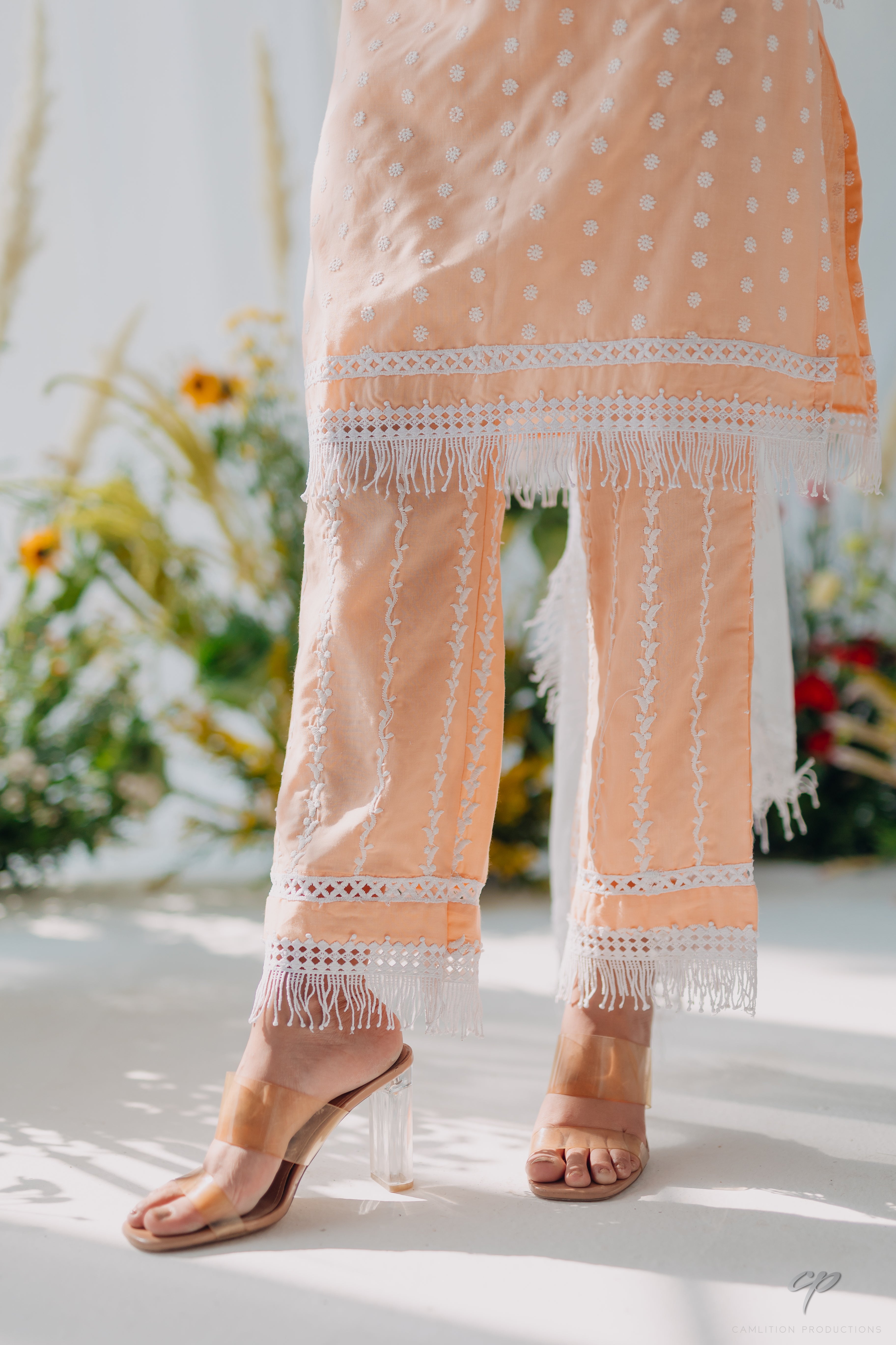 Sadia Peach Embroidered Mulmul Kurta, Pant & Dupatta Set