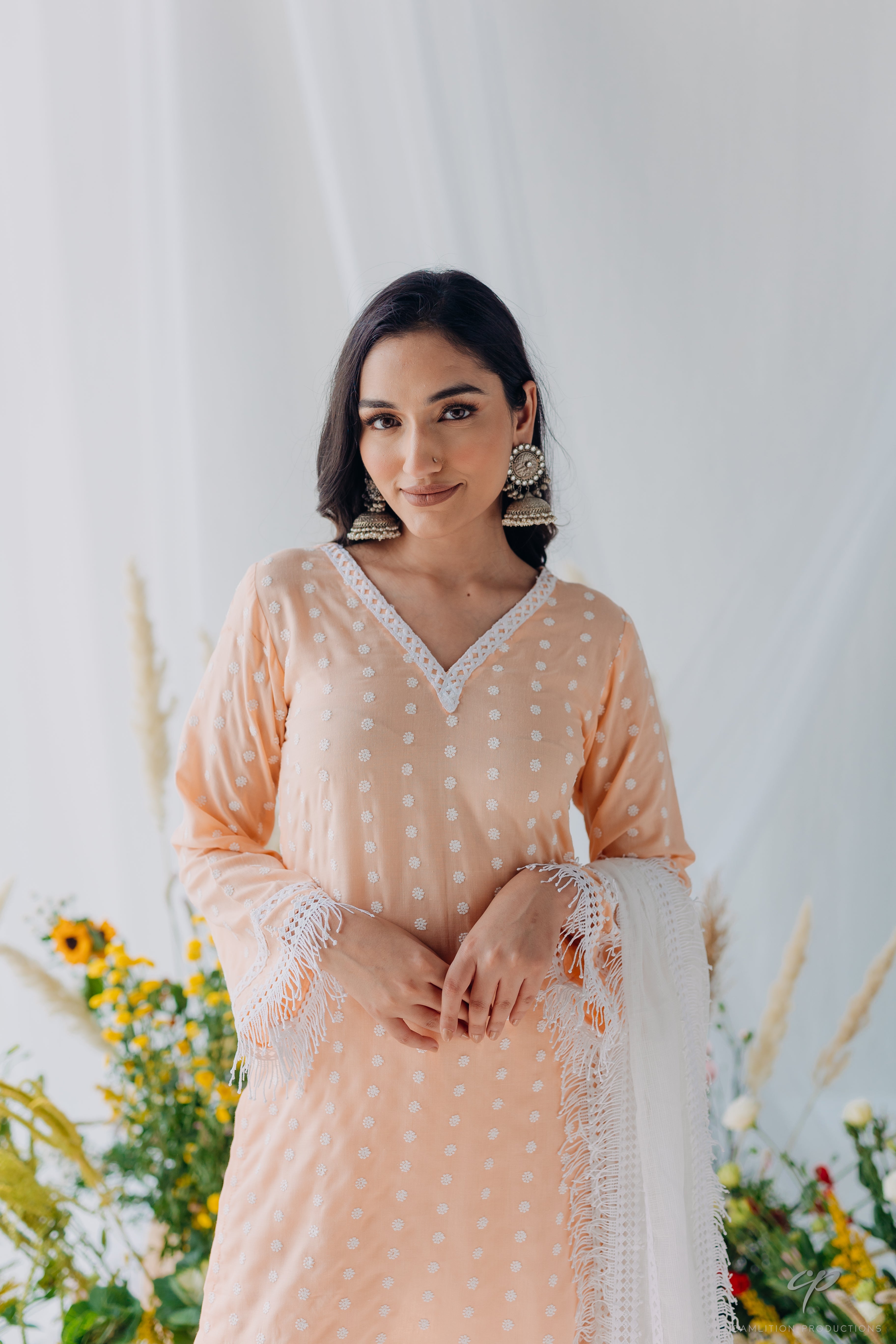 Sadia Peach Embroidered Mulmul Kurta & Pant Set