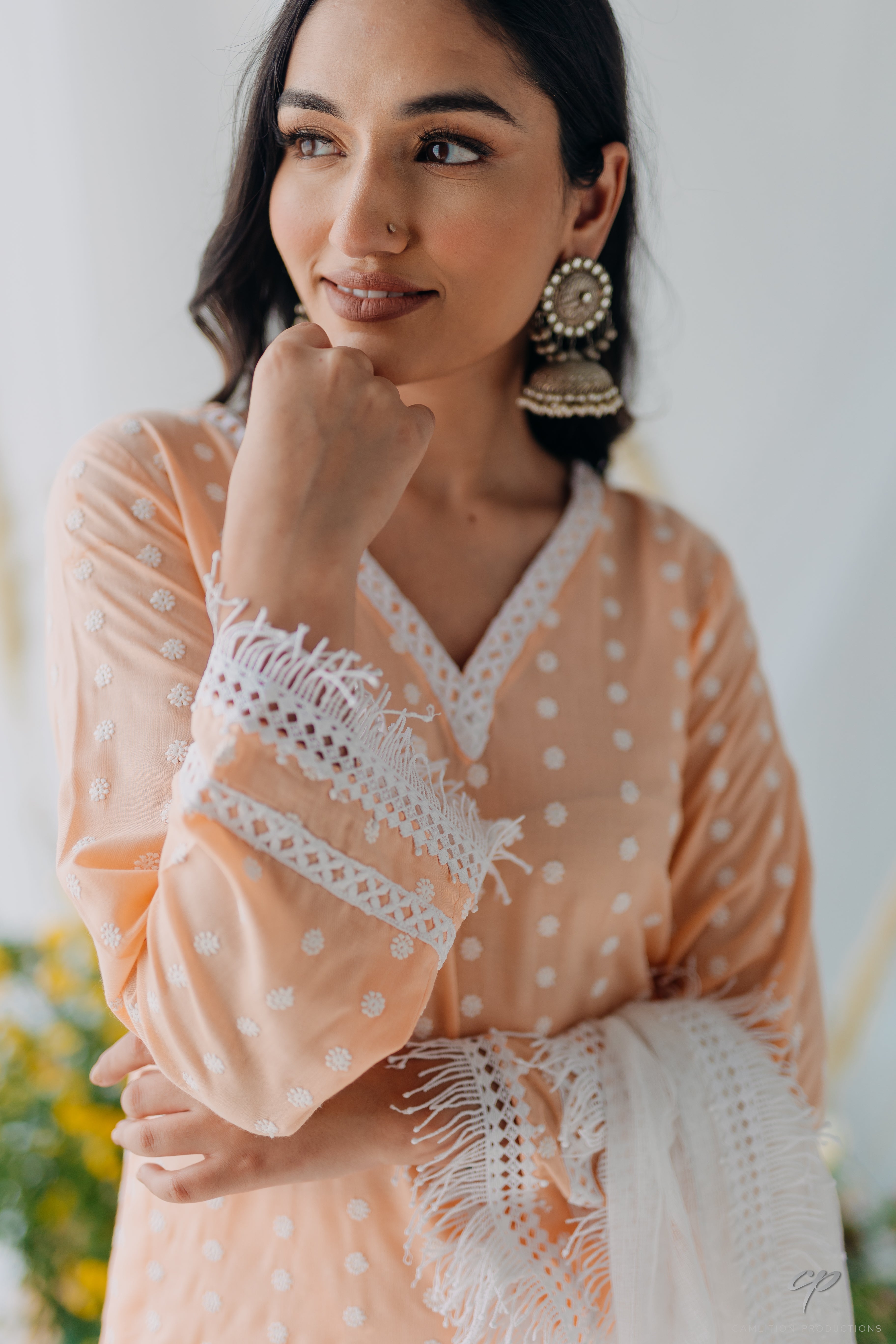 Sadia Peach Embroidered Mulmul Kurta