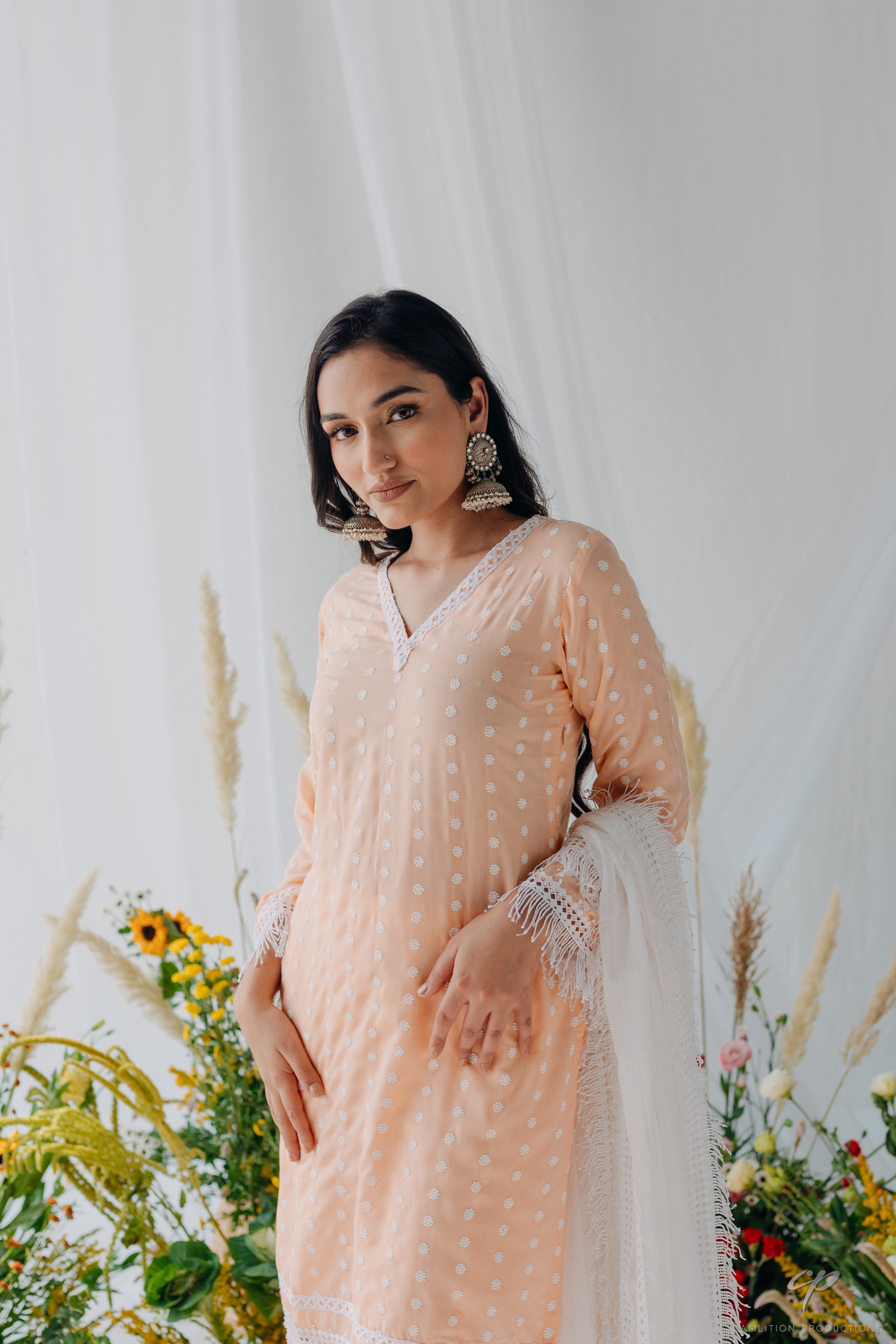 Sadia Peach Embroidered Mulmul Kurta