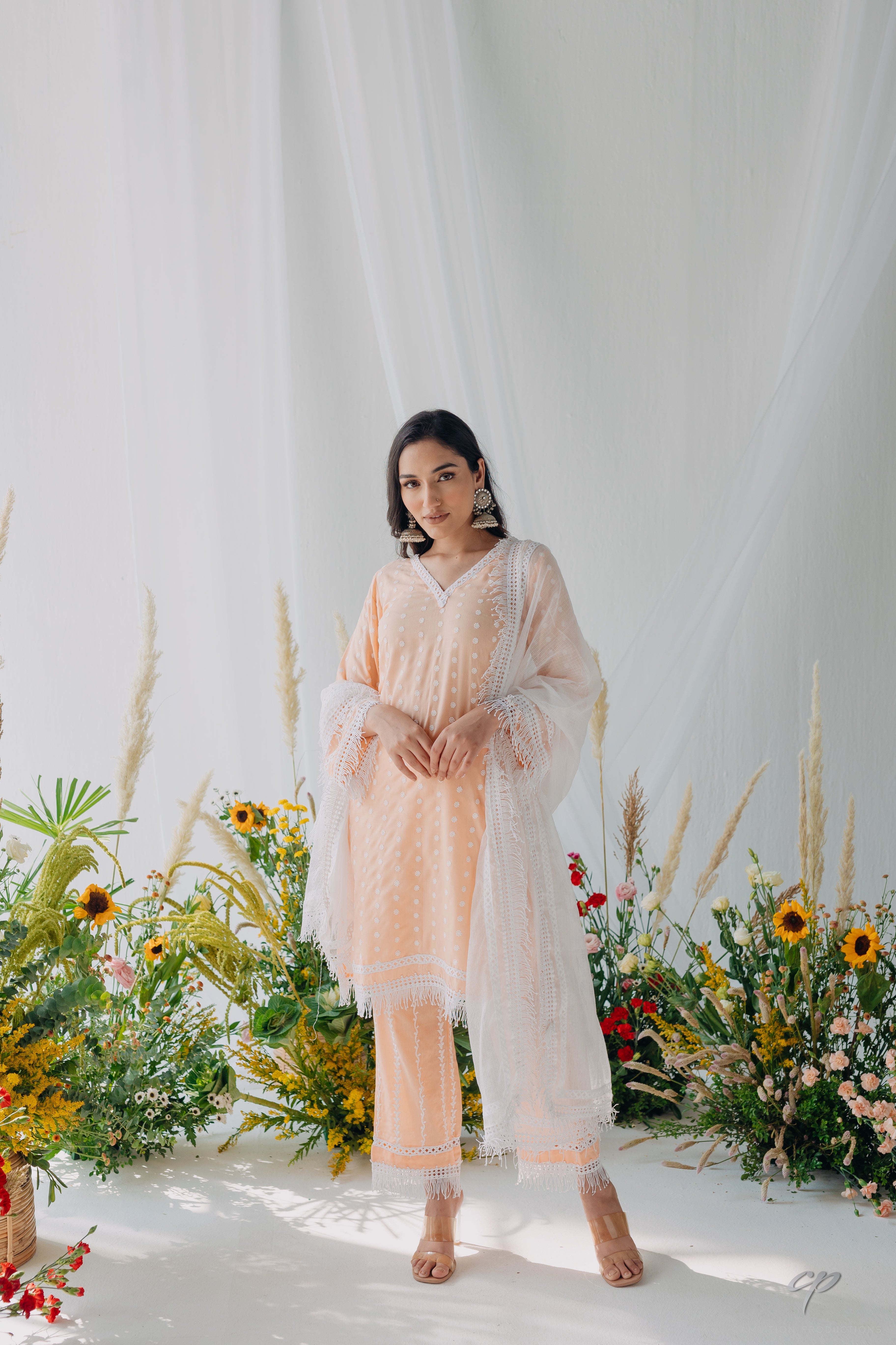 Sadia Peach Embroidered Mulmul Kurta & Pant Set