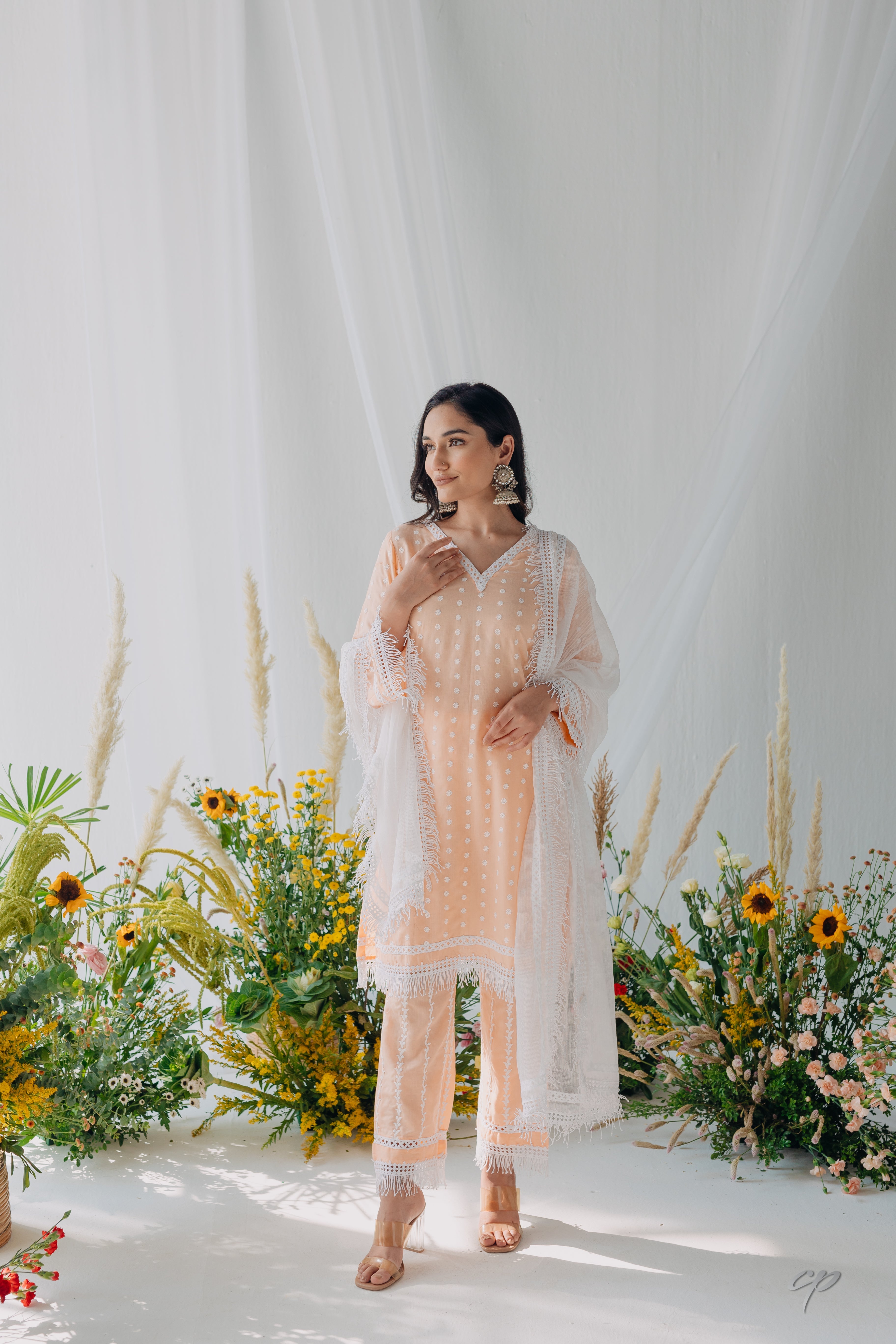 Sadia Peach Embroidered Mulmul Kurta & Pant Set