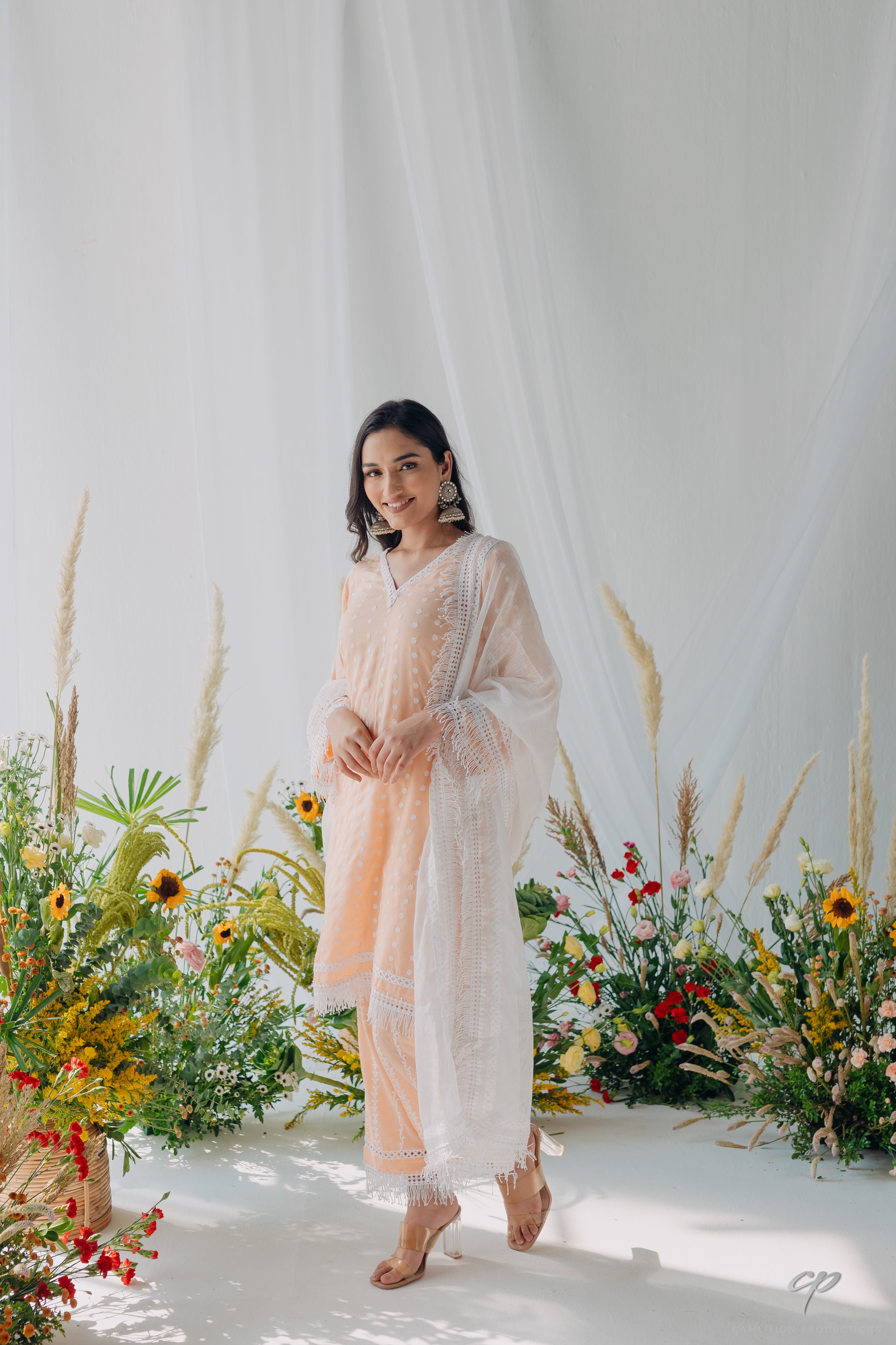 Sadia Peach Embroidered Mulmul Kurta, Pant & Dupatta Set