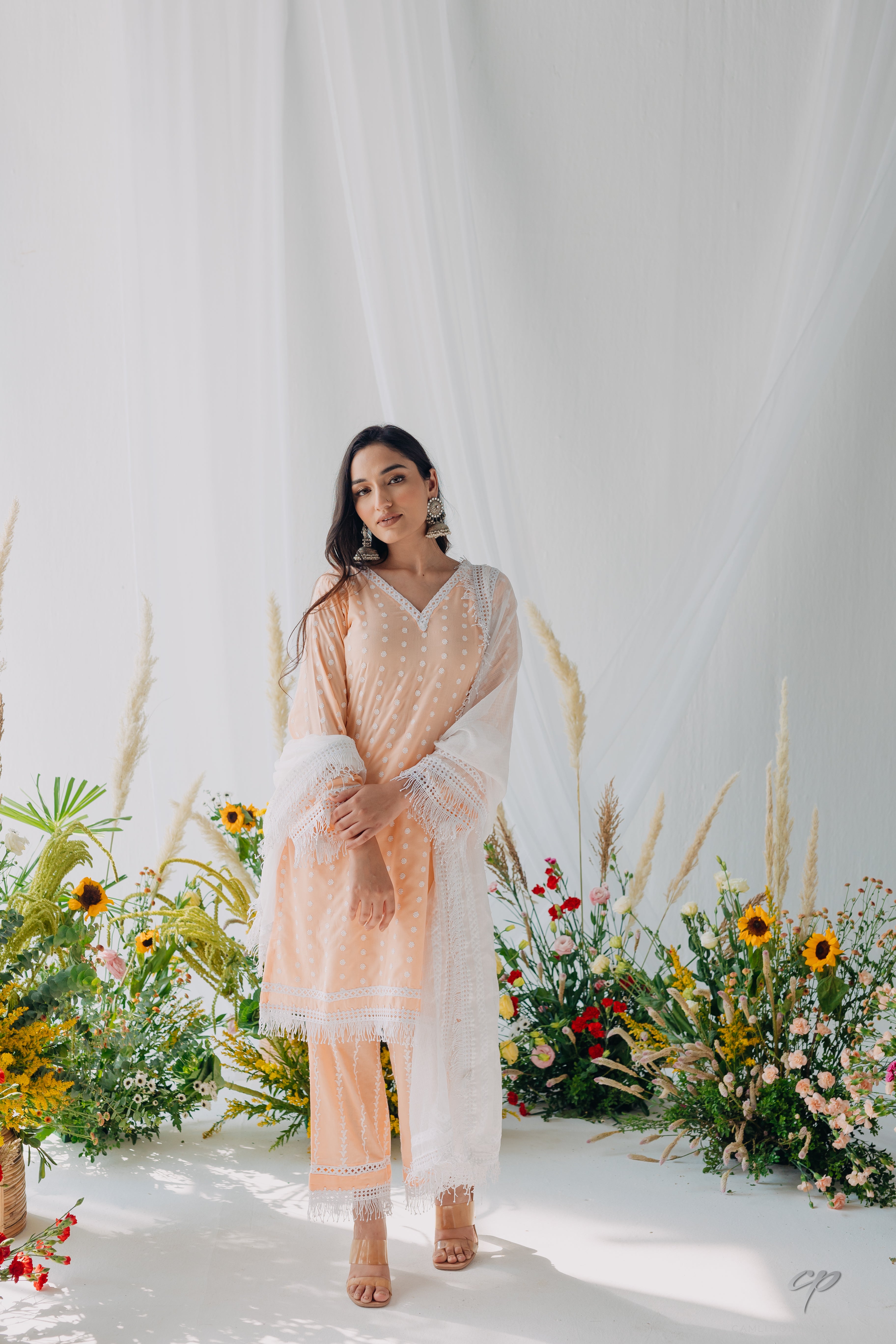 Sadia Peach Embroidered Mulmul Kurta, Pant & Dupatta Set