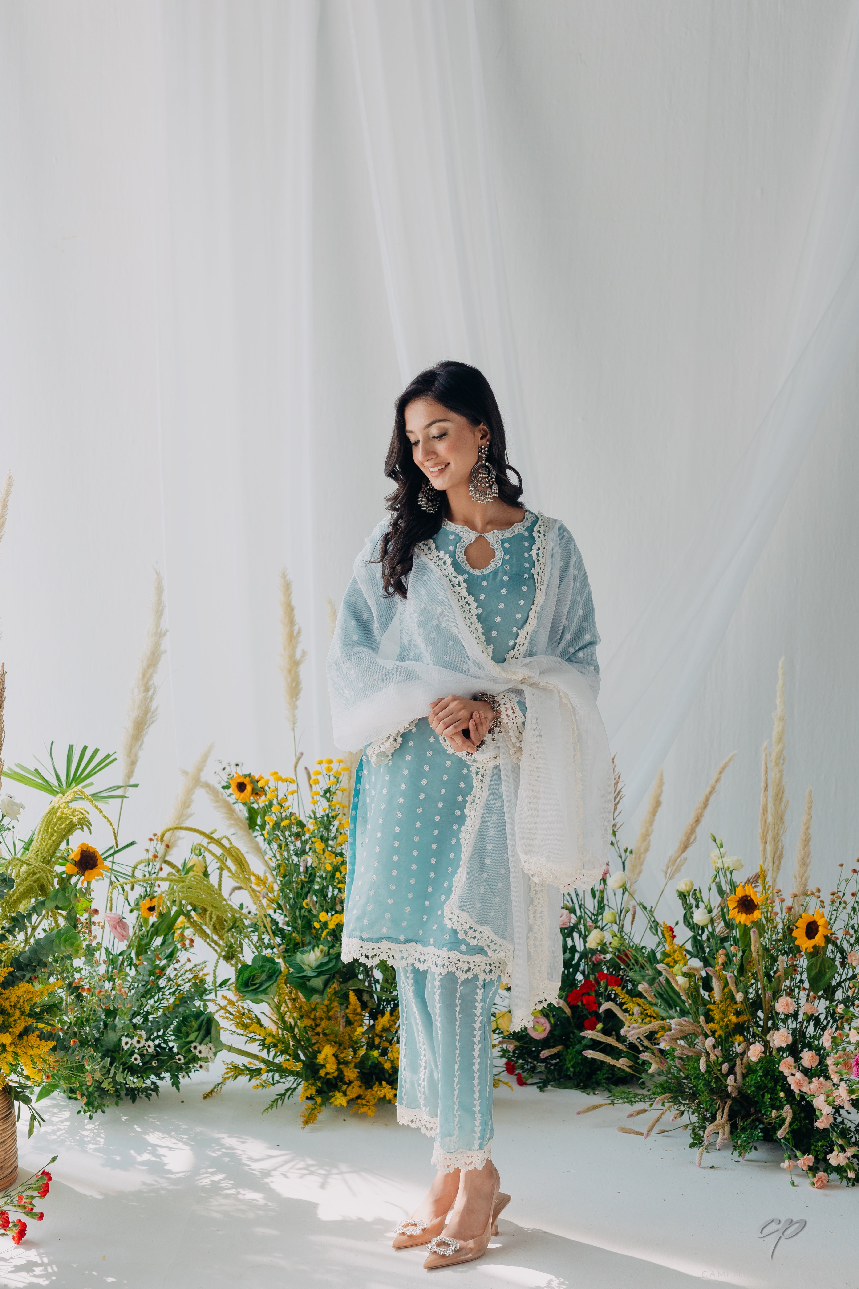 Seher Blue Embroidered Mulmul Kurta, Pant & Dupatta Set