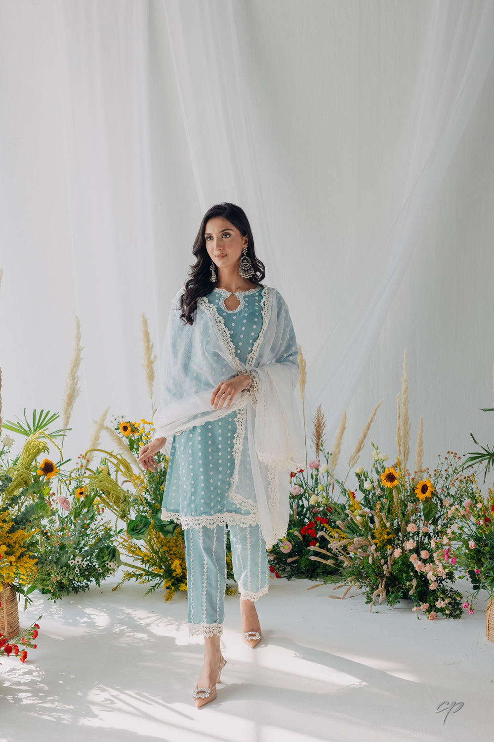 Saheli Double Layer Hand Embroidered Blue Mulmul Cotton Kurta Dress With Printed Pink Slip main image 0