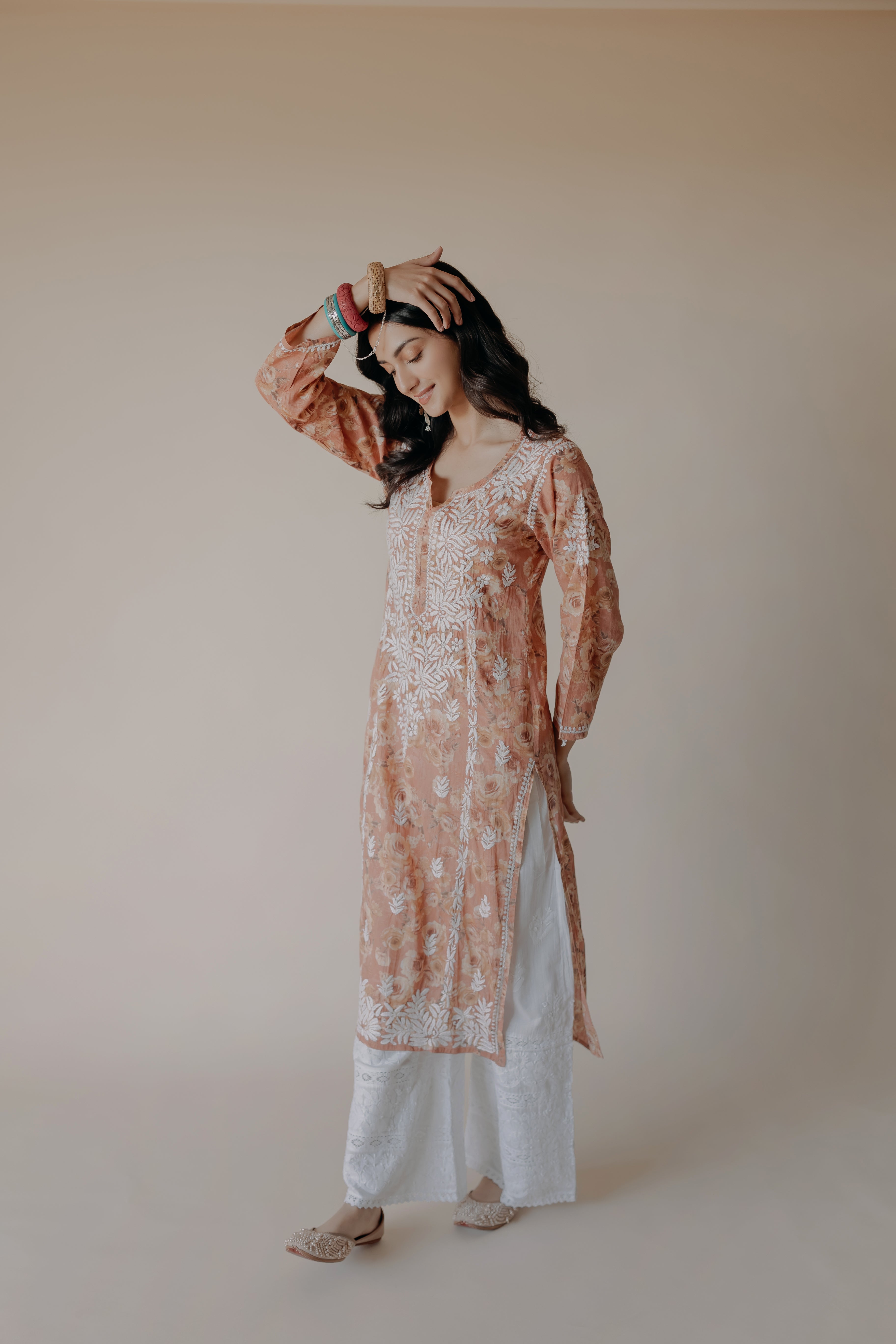 Lana Peach Mulmul Chikankari Printed Kurta