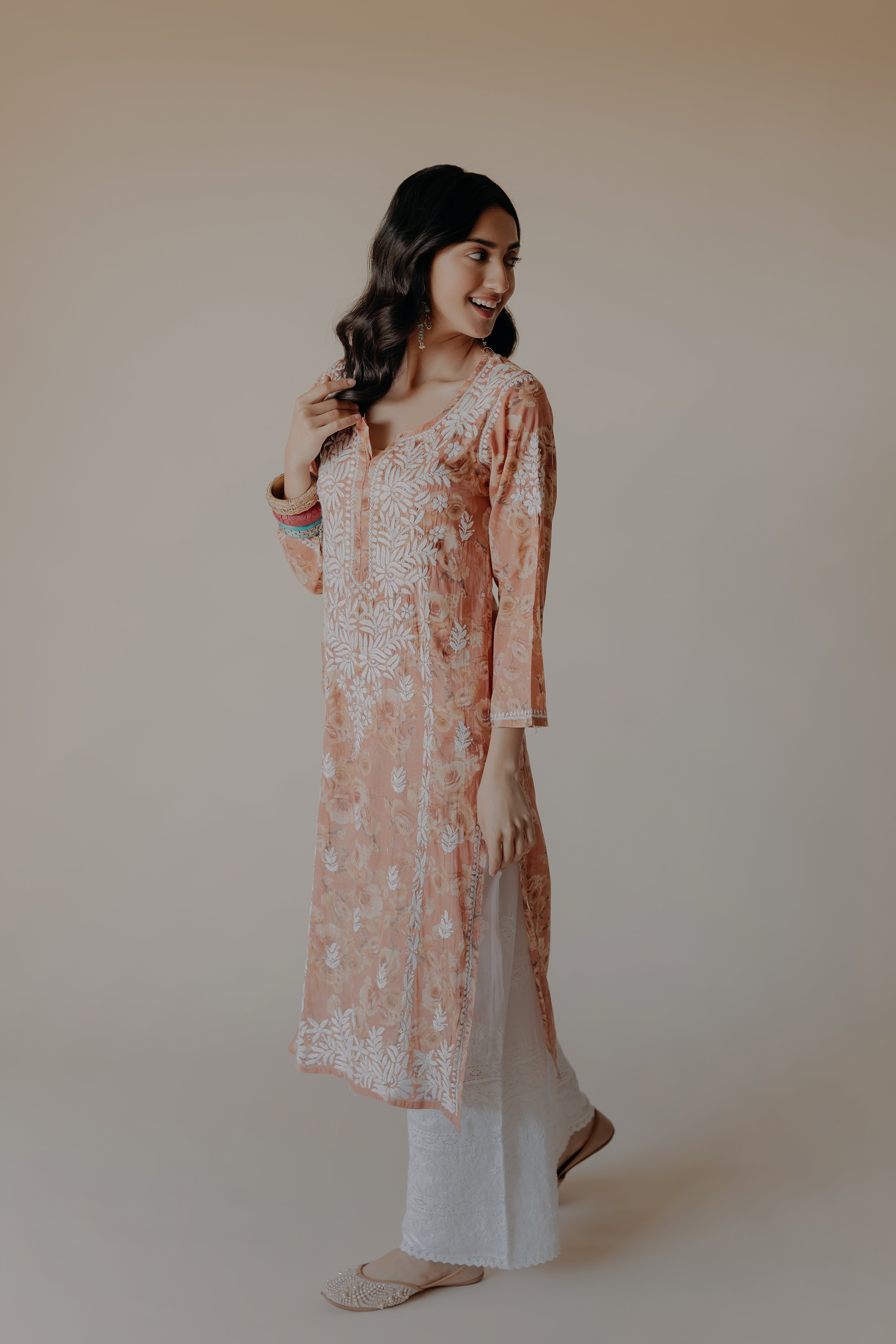 Lana Peach Mulmul Chikankari Printed Kurta