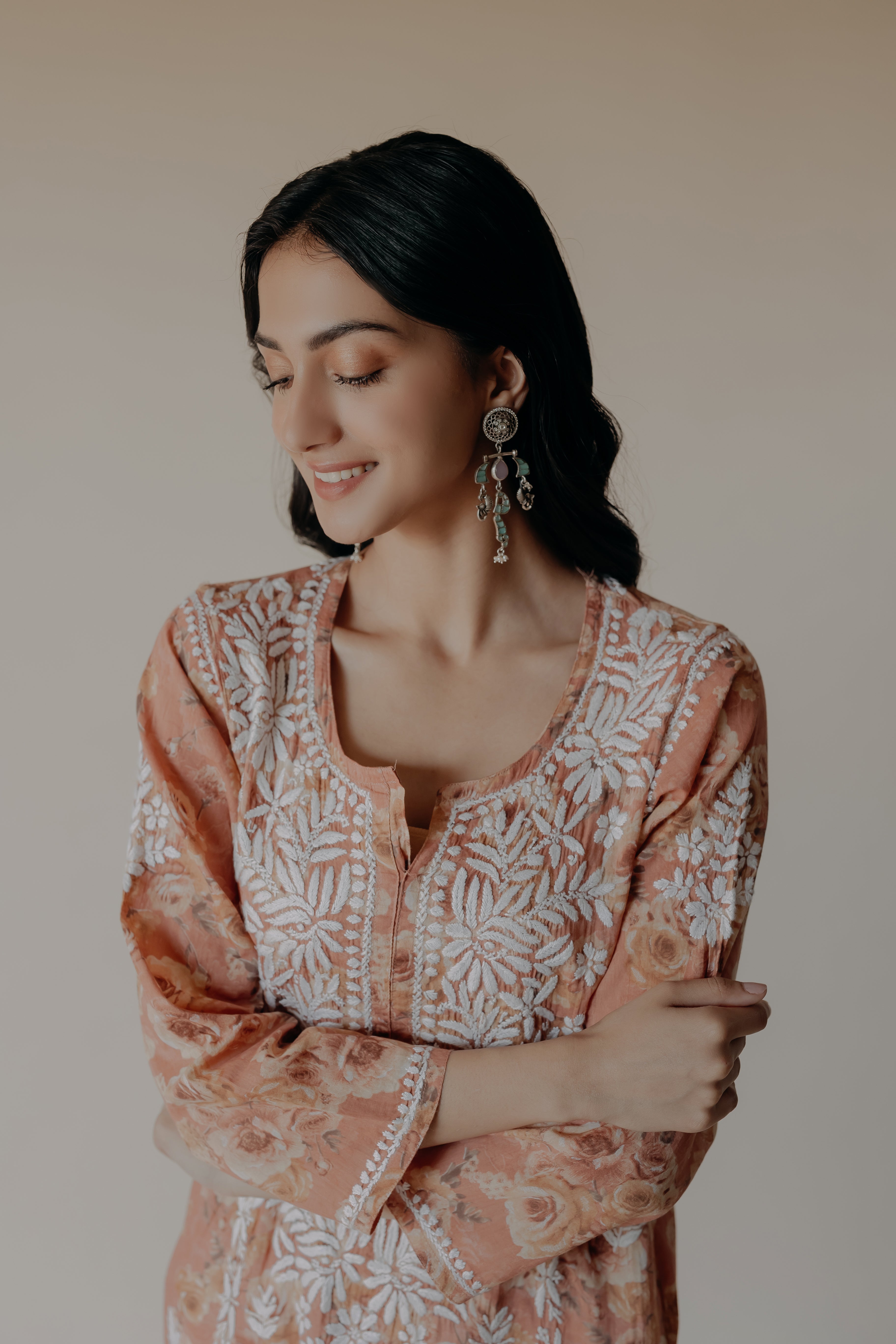 Lana Peach Mulmul Chikankari Printed Kurta