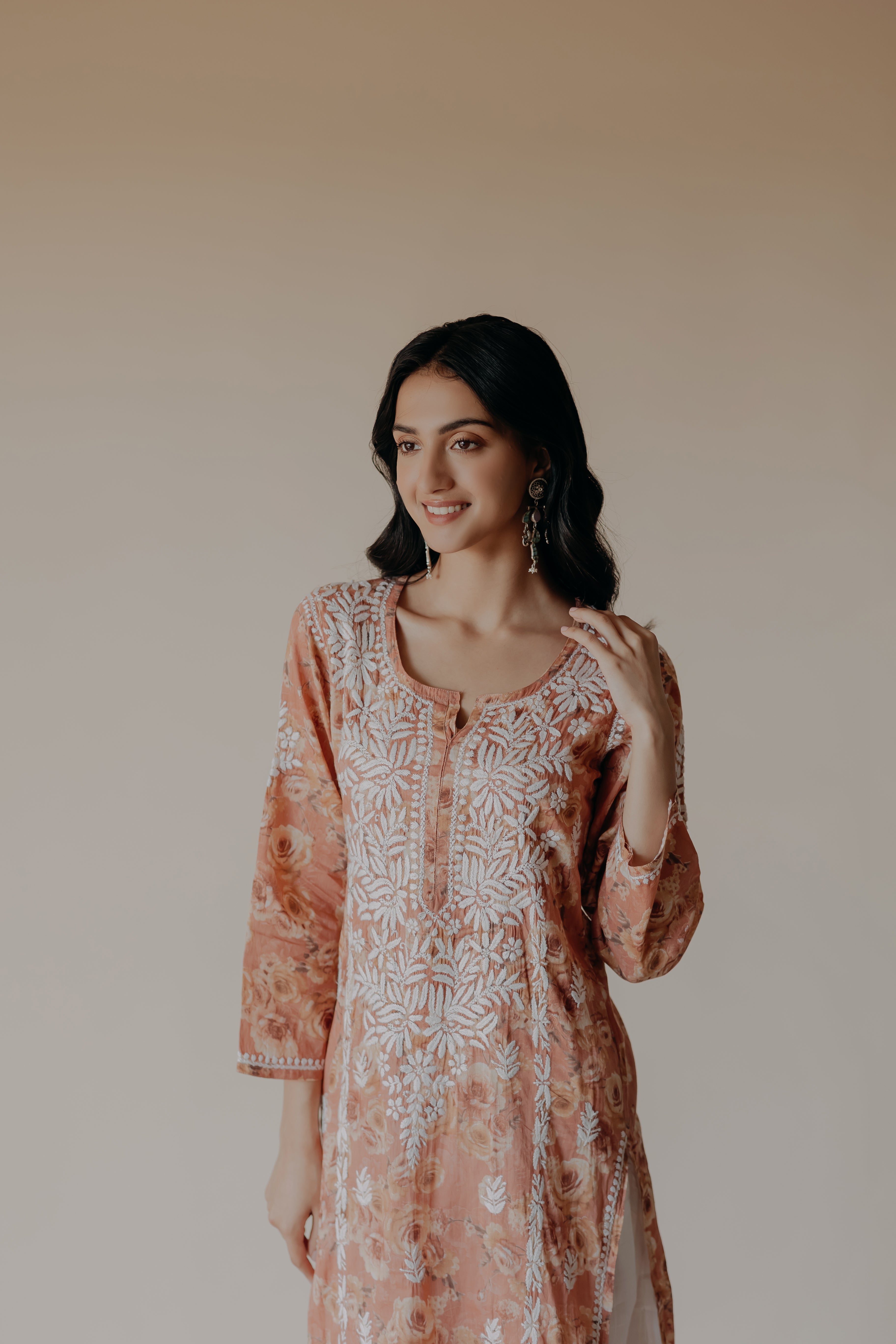 Lana Peach Mulmul Chikankari Printed Kurta