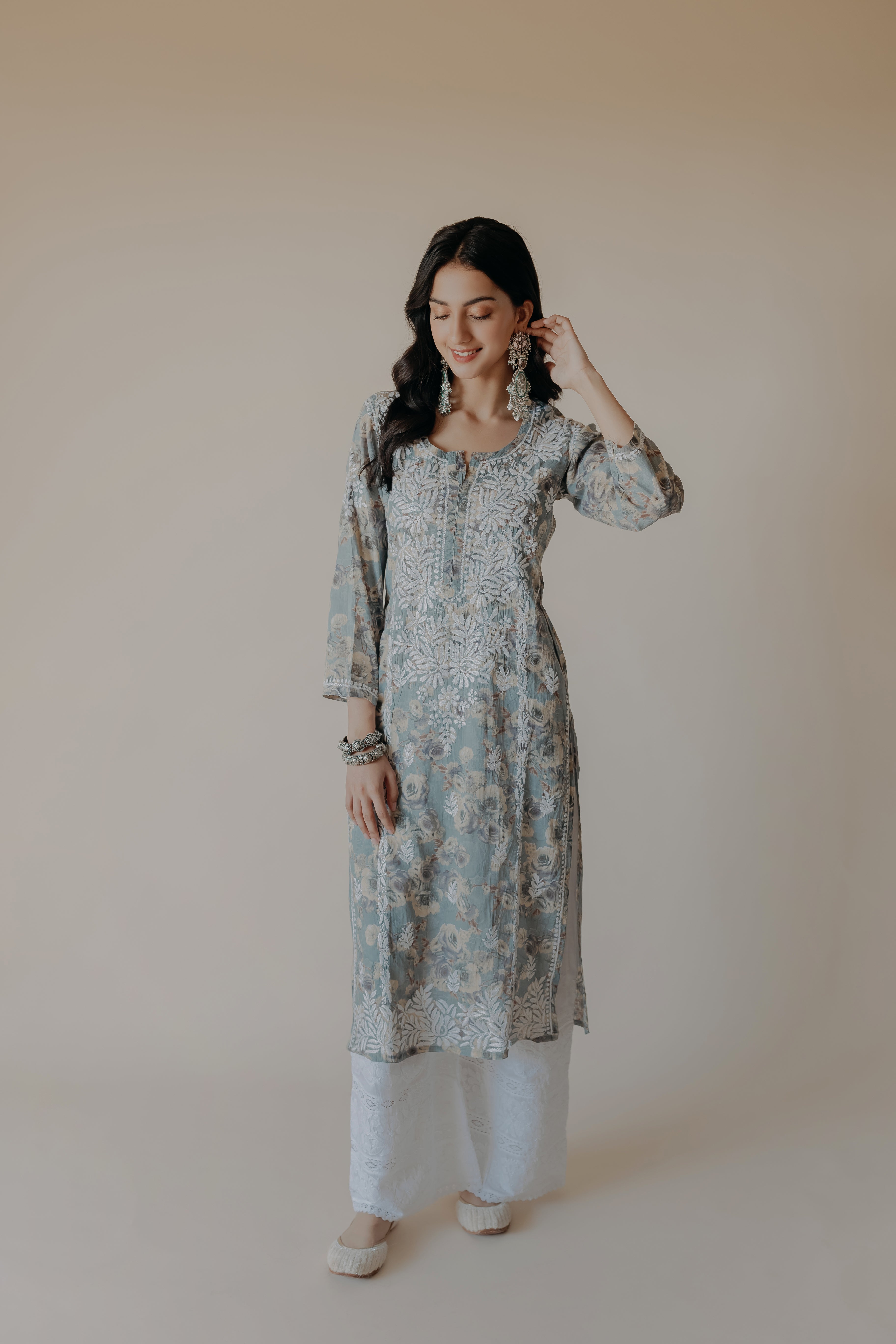 Gauri Blue Mulmul Chikankari Printed Kurta