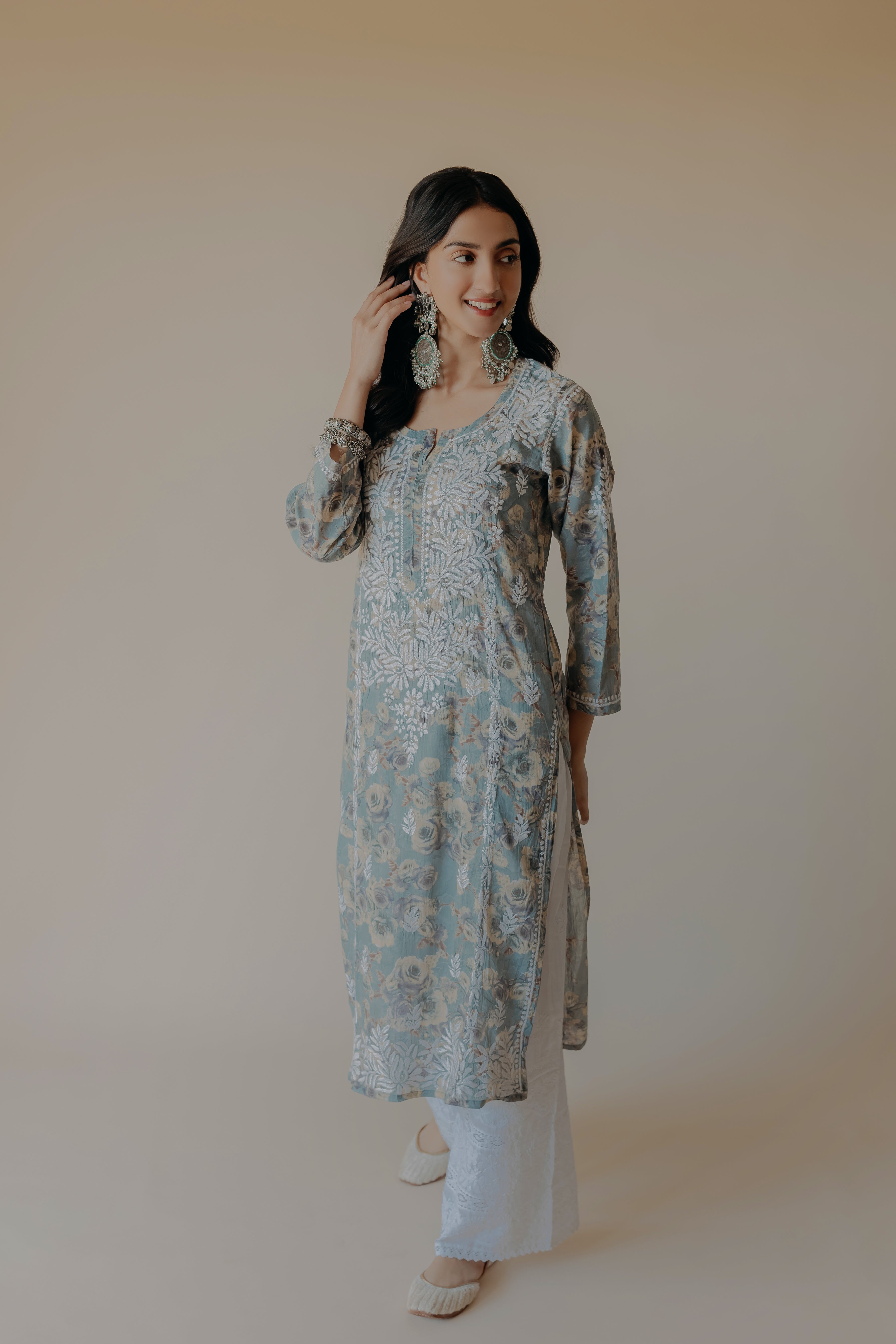 Gauri Blue Mulmul Chikankari Printed Kurta