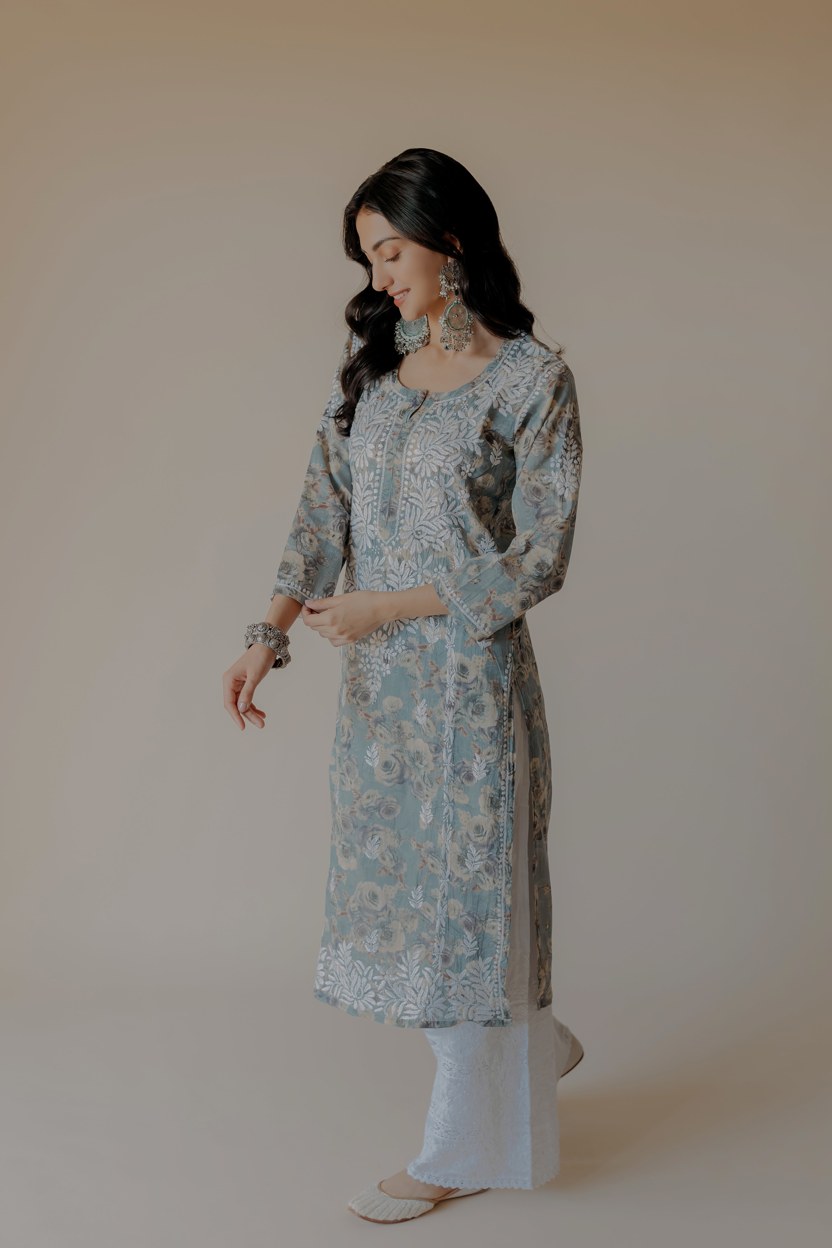 Gauri Blue Mulmul Chikankari Printed Kurta