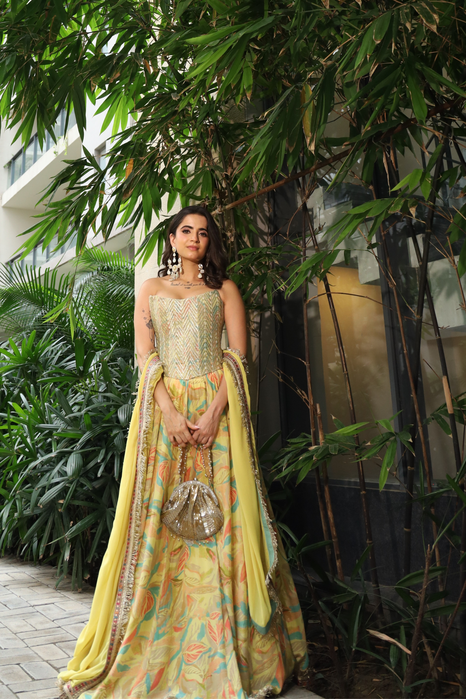 Amal Embroidered Corset and Yellow Crepe Lehenga Set