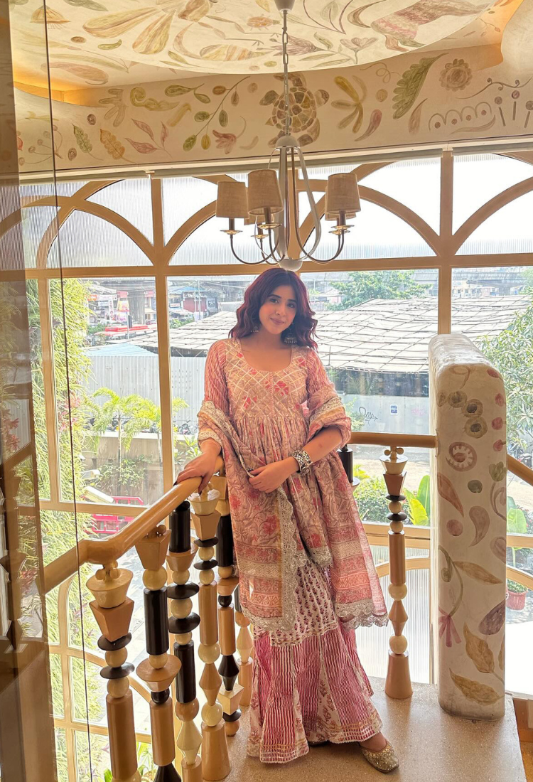 Crossandra Beige & Pink Printed Cotton Gharara Set of 3