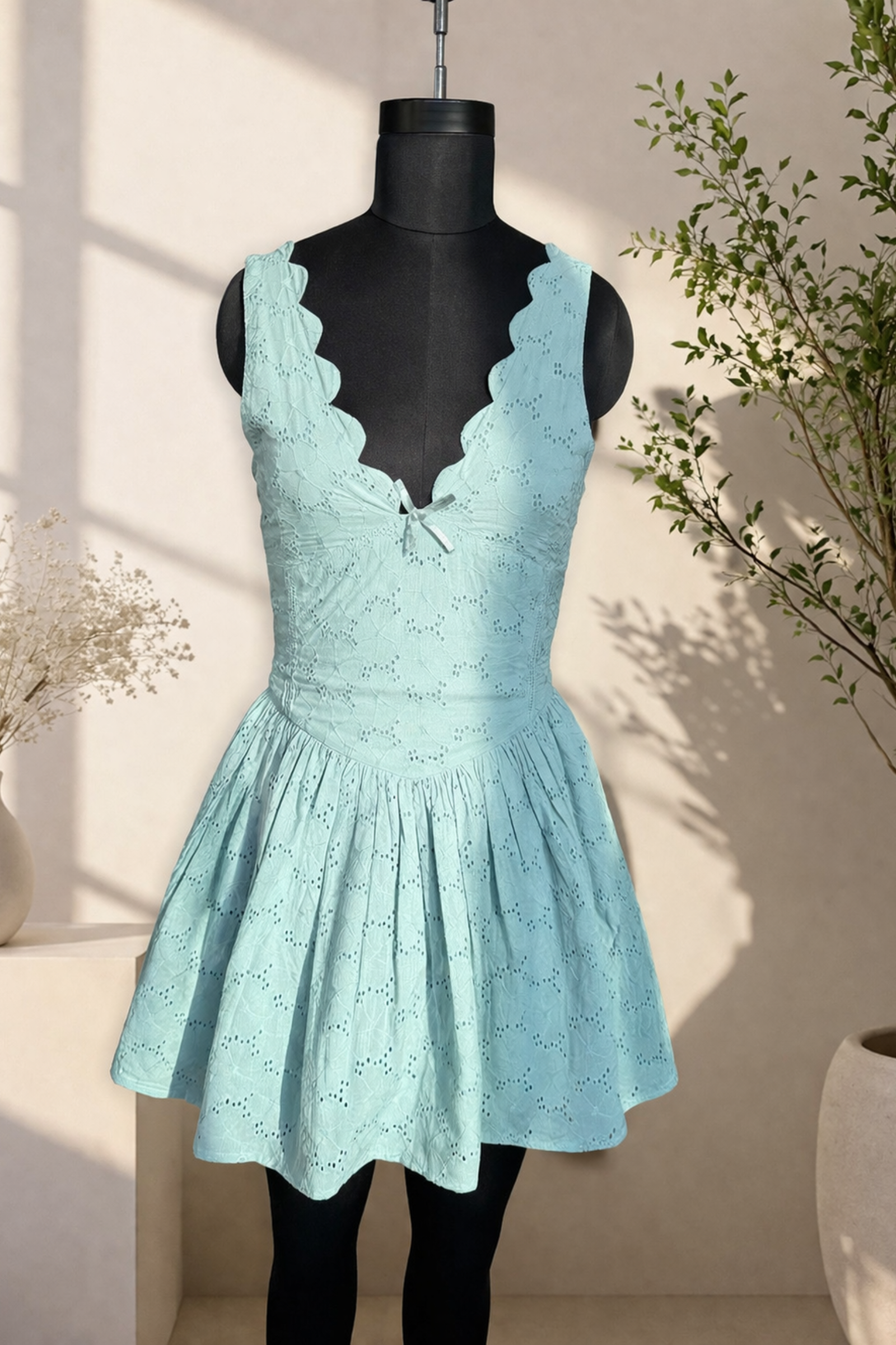 Sage Bloom Eyelet Mini V-Neck Cotton Dress XL