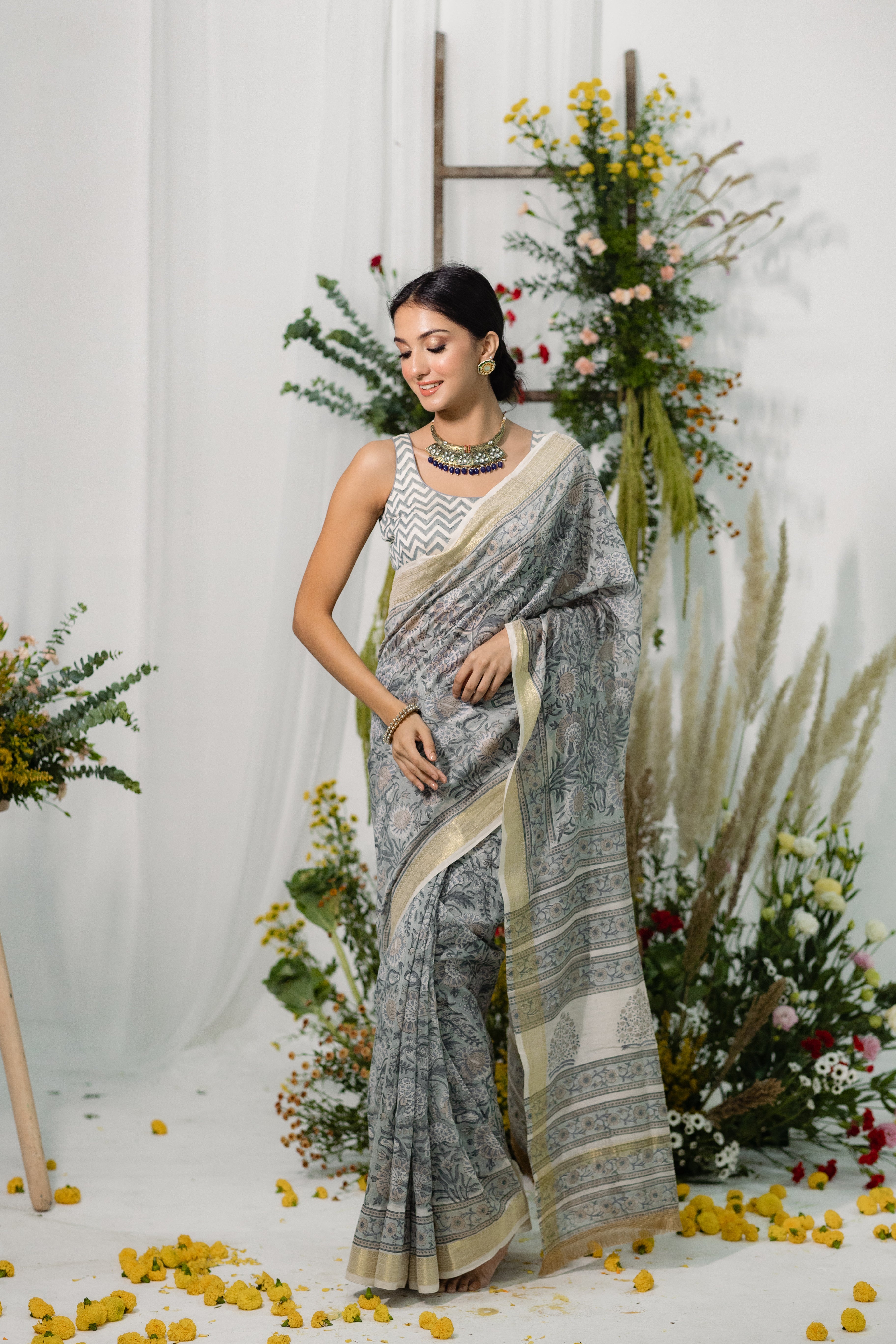 Bouganvillea Grey Printed Chanderi Silk Saree