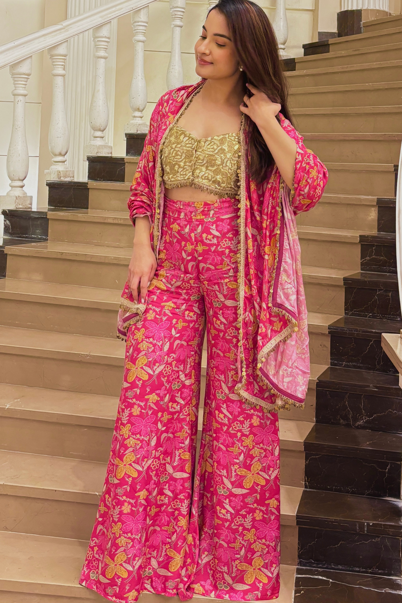 Mannat Hot Pink Muslin Sharara Set With Gold Embroidered Blouse