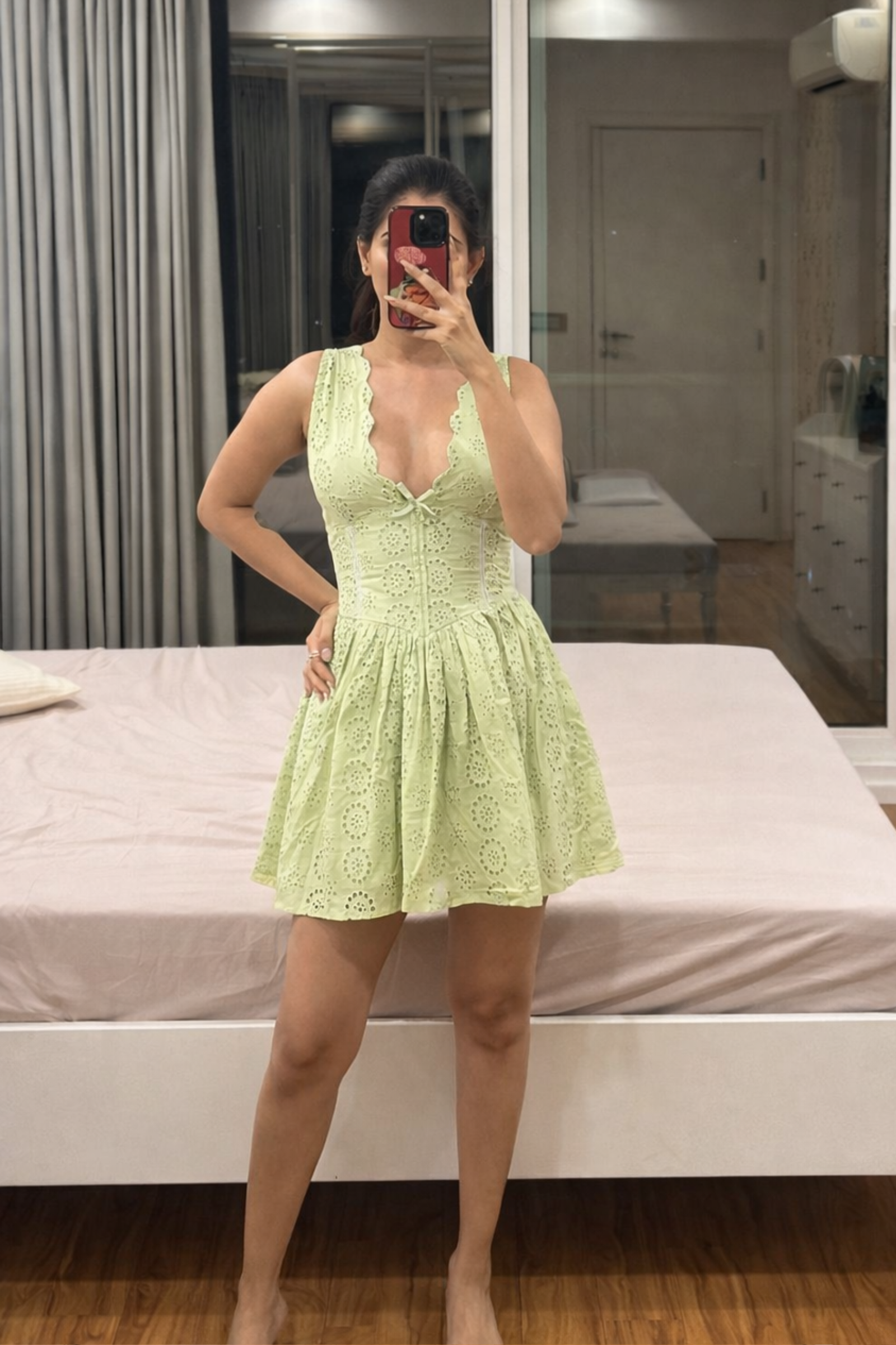 Kourtney Green Eyelet V-Neck Sleeveless Mini Dress