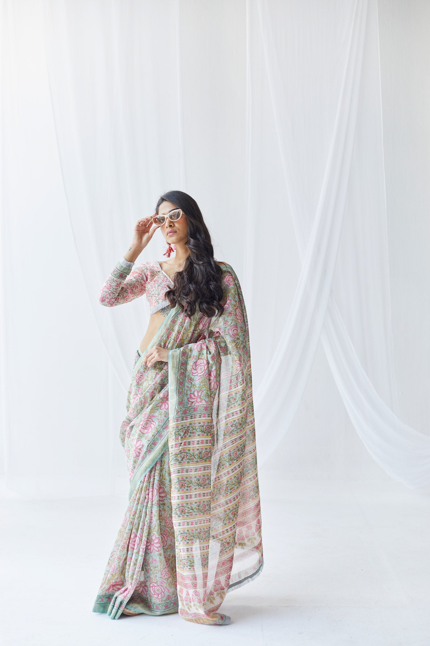 Roza Green & Pink Printed Chanderi Silk Saree