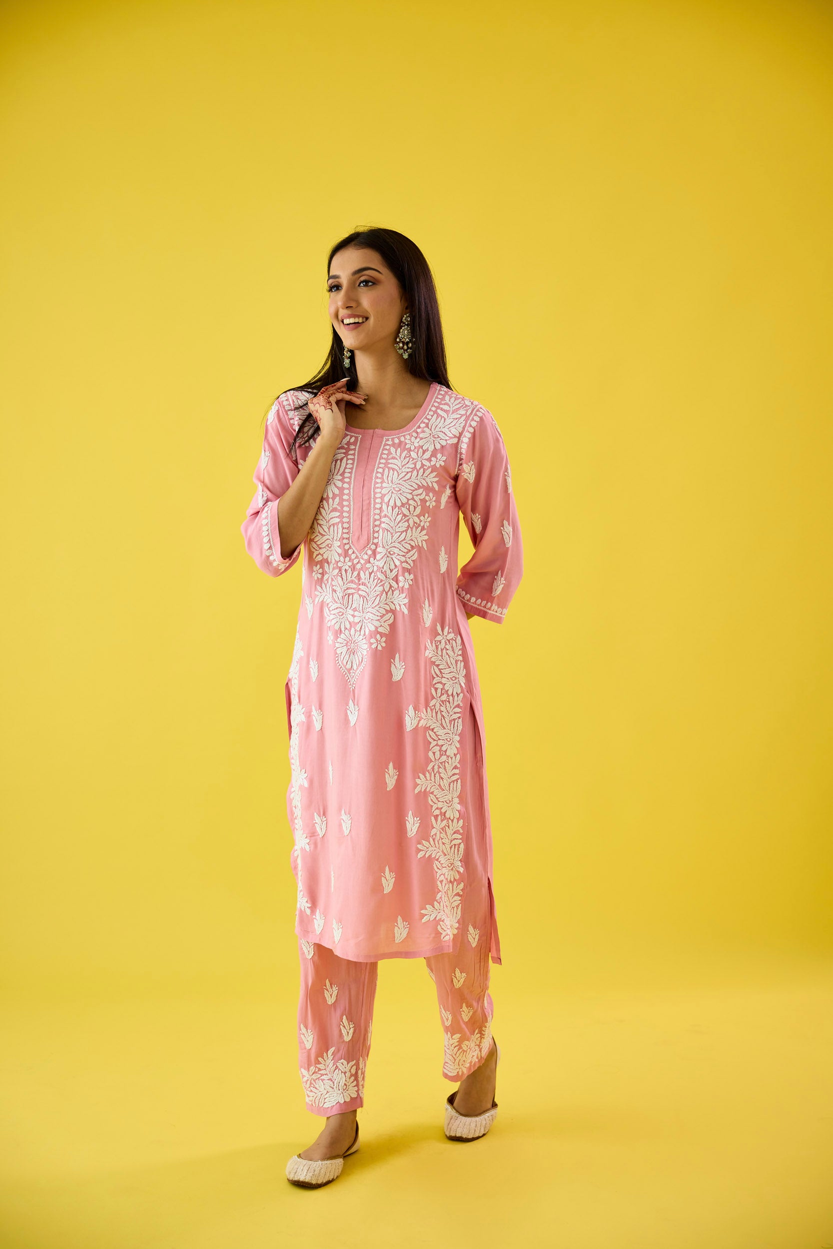 Mehtap Baby Pink Modal Hand Embroidered Chikankari Kurta & Pant Set